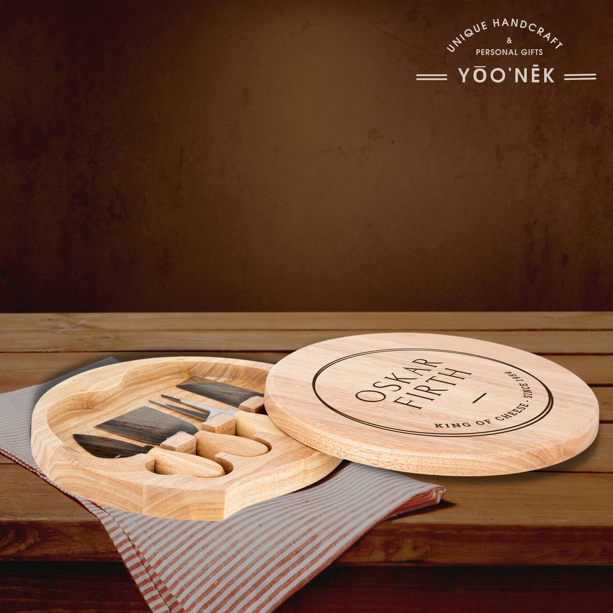 Personalised Round Wood Cheese Hinge Board & Knife Travel Set, Engraved Charcuterie Platter, Wedding Anniversary Corporate Housewarming Gift