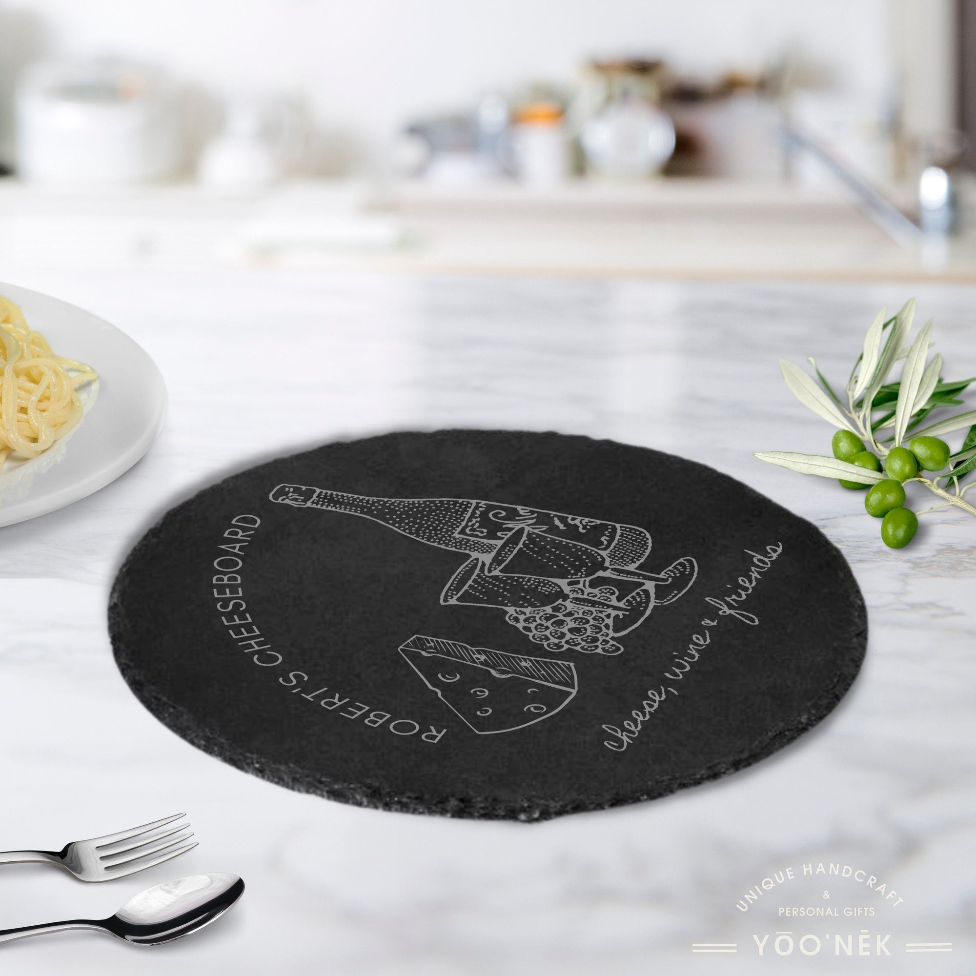 Personalised Round Slate Serving Cheese Board, Custom Engraved Charcuterie Platter, Wedding, Anniversary, Corporate, Housewarming Gift