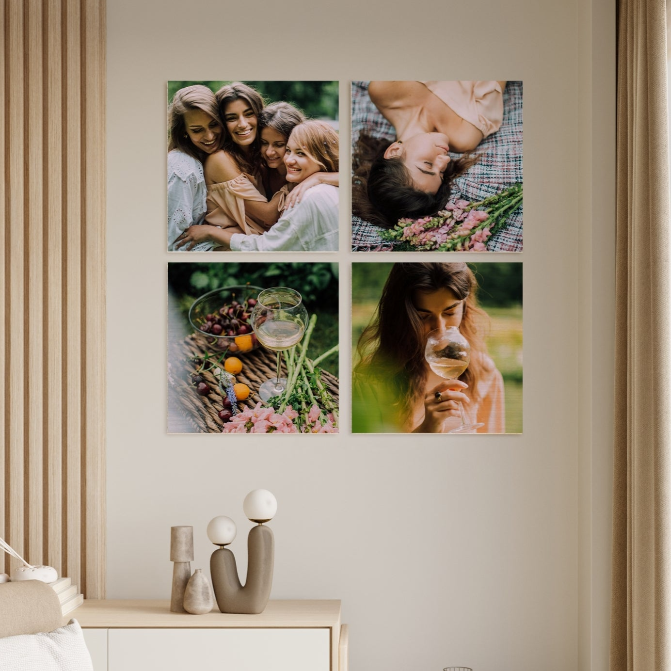 Personalised Set of 4 Wooden Photo Block Square, Custom UV Print Image Wall Hanging Display, Memory Frame Tile Gallery, Housewarming Gift