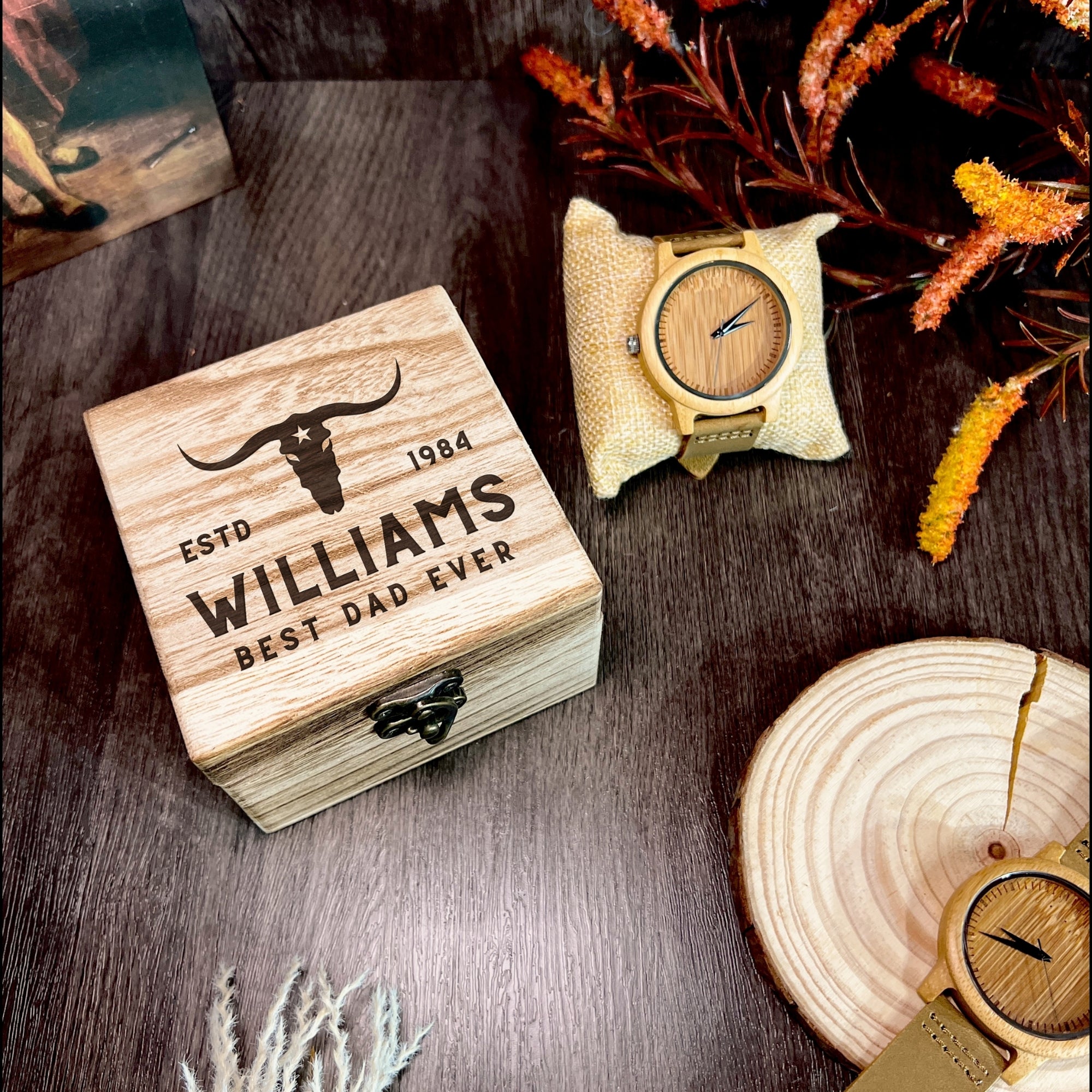 Personalised Bamboo Watch & Wooden Box Set, Custom Engraved Unisex Accessories/ Jewellery Storage, Groomsman/ Dad Mother Gift Wedding Favour