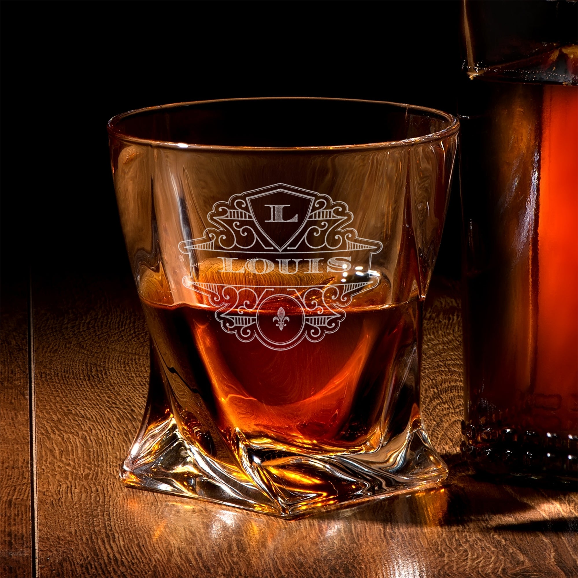 Custom Engraved Whiskey Wooden Box - 2 Twisted Scotch Glasses &amp; 6 Rock Ice Stones, Personalised Barware Set, Groomsman, Father Birthday Gift