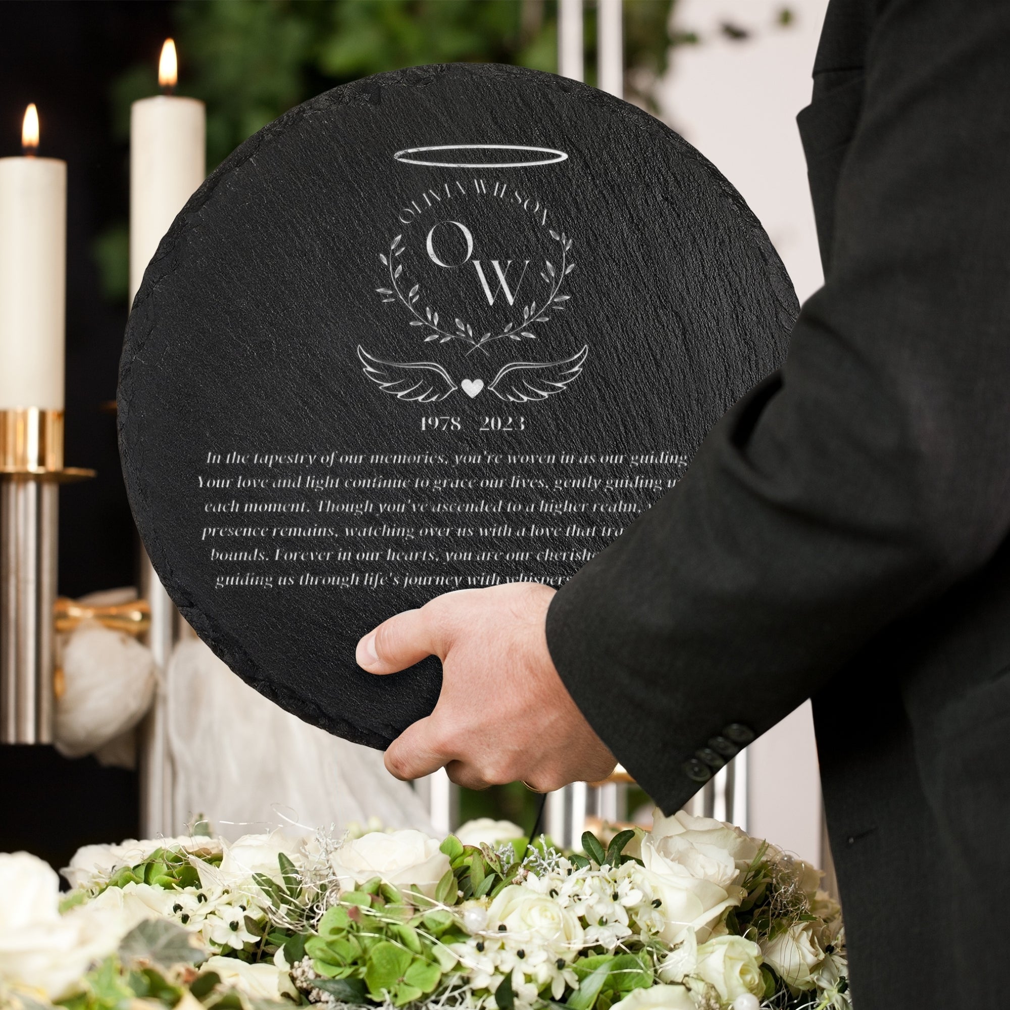 Personalised Memorial Round Slate Sign, Custom Engraved In Loving Memory Garden Stone, Funeral Cemetery Plaque, Loss of Loved One Pray Gift