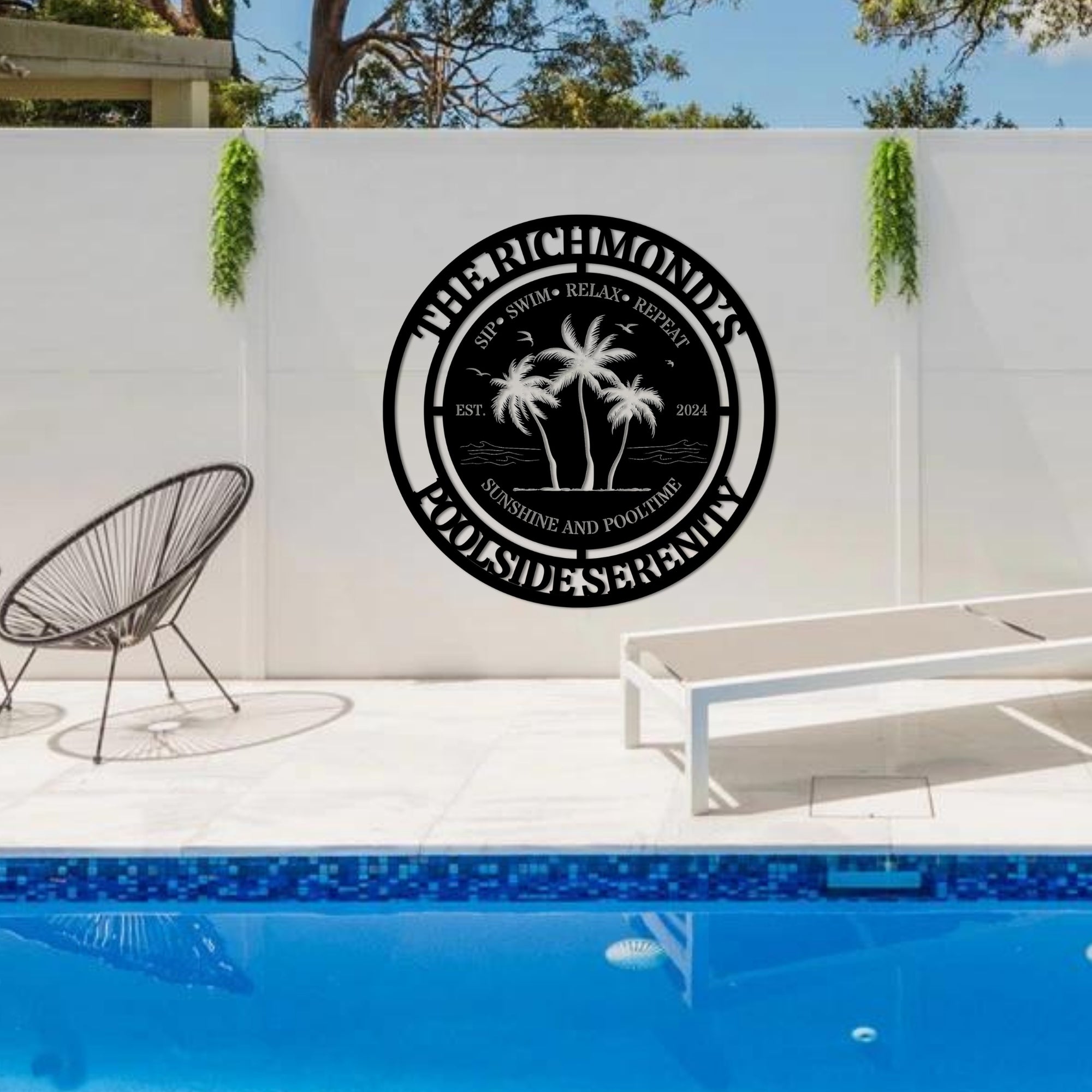 Custom Tropical Palm Oasis Retreat Poolside Hoop Sign, Personalised Name Acrylic Pool Bar Backyard/ Patio/ Deck Wall Art, Housewarming Gift