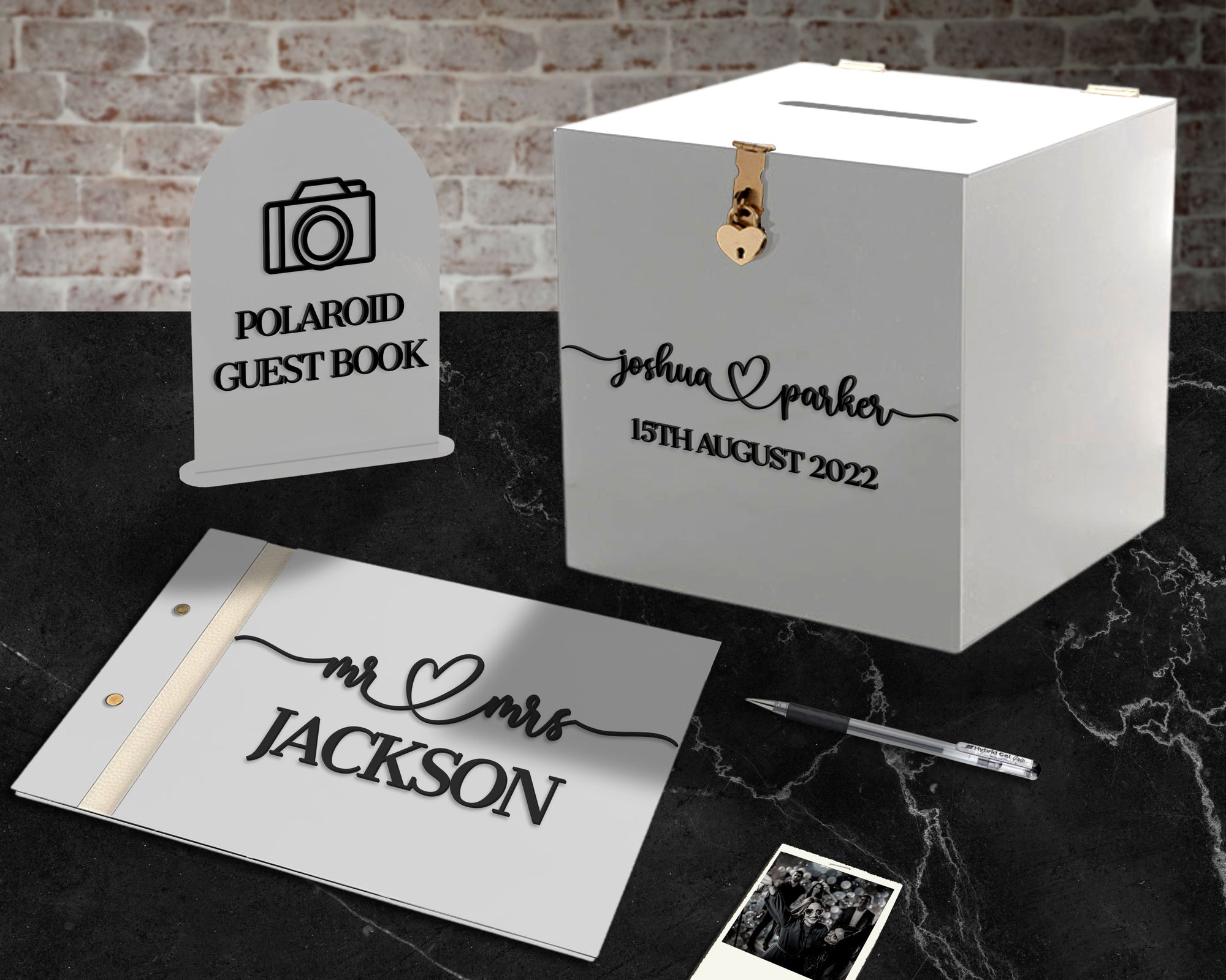 Custom Made Wedding 3 Bundle Set, Personalised Acrylic White Wishing Well Box, Memory Guest Book, Card & Gifts / Photo Guestbook Table Sign