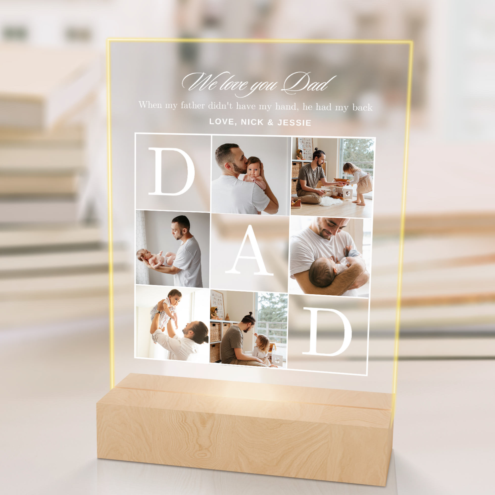 Custom 3D Collage Best Dad Photos & Names LED Night Light, Personalised Print Acrylic Wooden Table Lamp Sign, Room Decor, Father's Day Gift