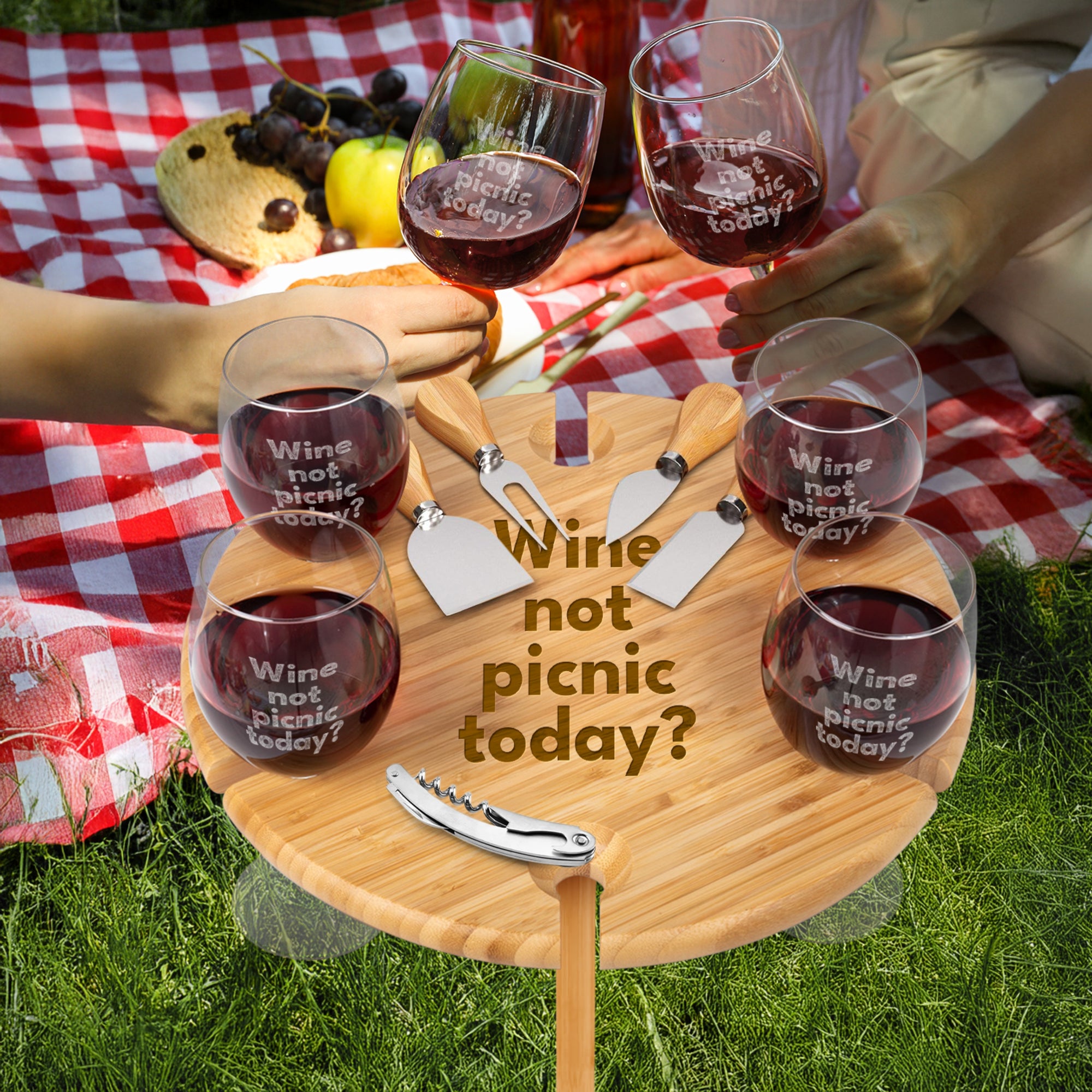 Engraved Assemble Bamboo Round Stake Picnic Table with Cheese Knives Set &amp; 6 Wine Glasses Holder