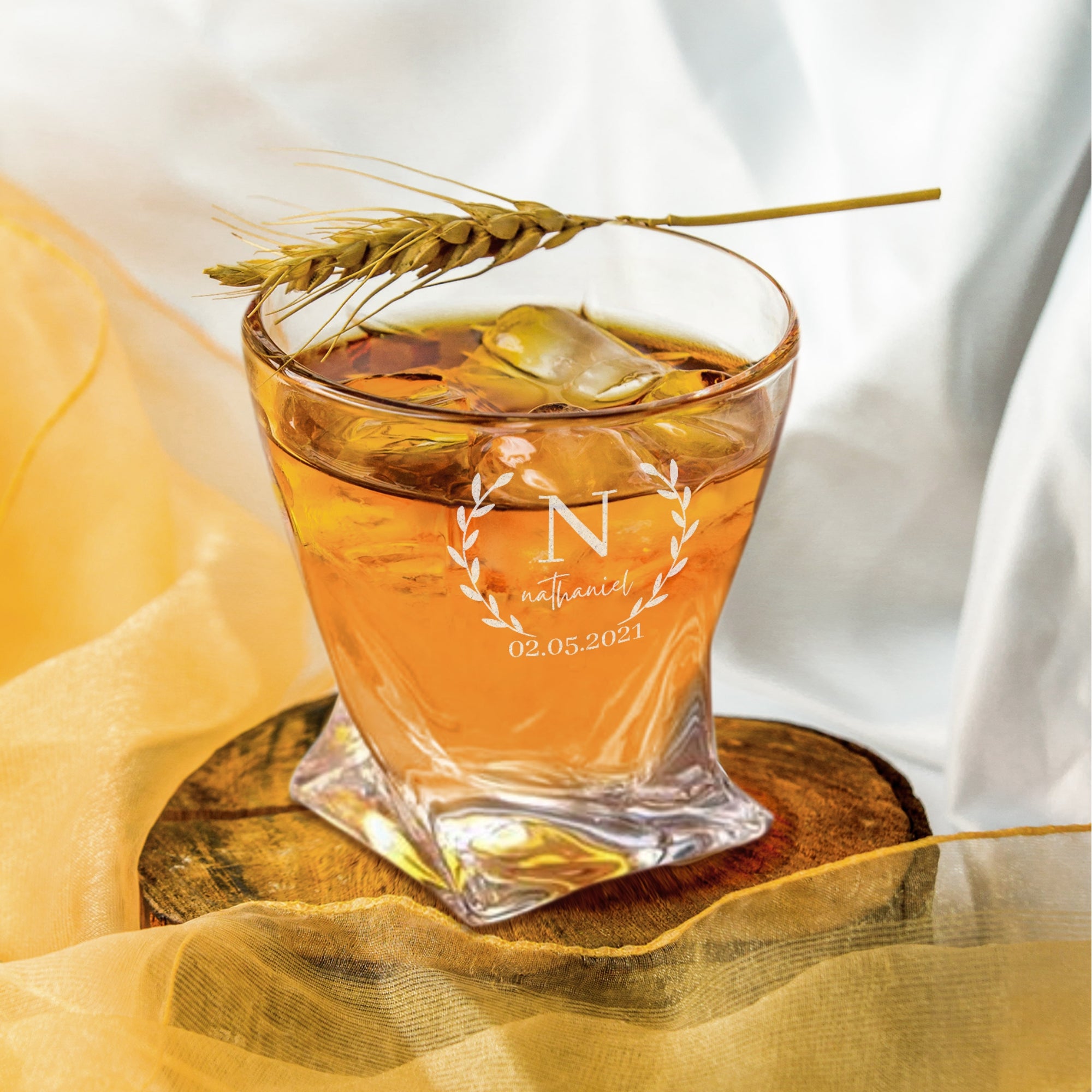 Custom Engraved Whiskey Wooden Box - 2 Twisted Scotch Glasses &amp; 6 Rock Ice Stones, Personalised Barware Set, Groomsman, Father Birthday Gift