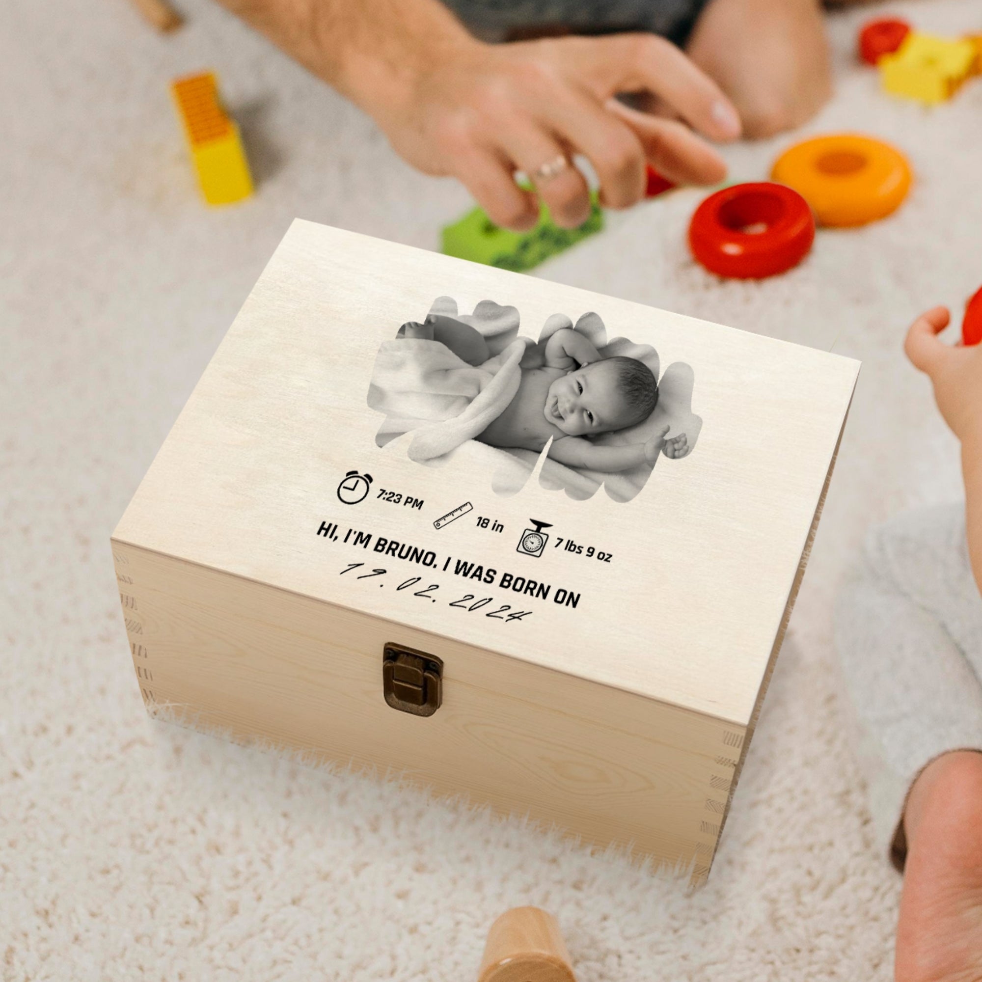 Personalised Baby Photo Wooden Keepsake Box, Custom Print Engraved Pine Memory Boxes, Treasure Storage, Nursery, Baptism First Birthday Gift