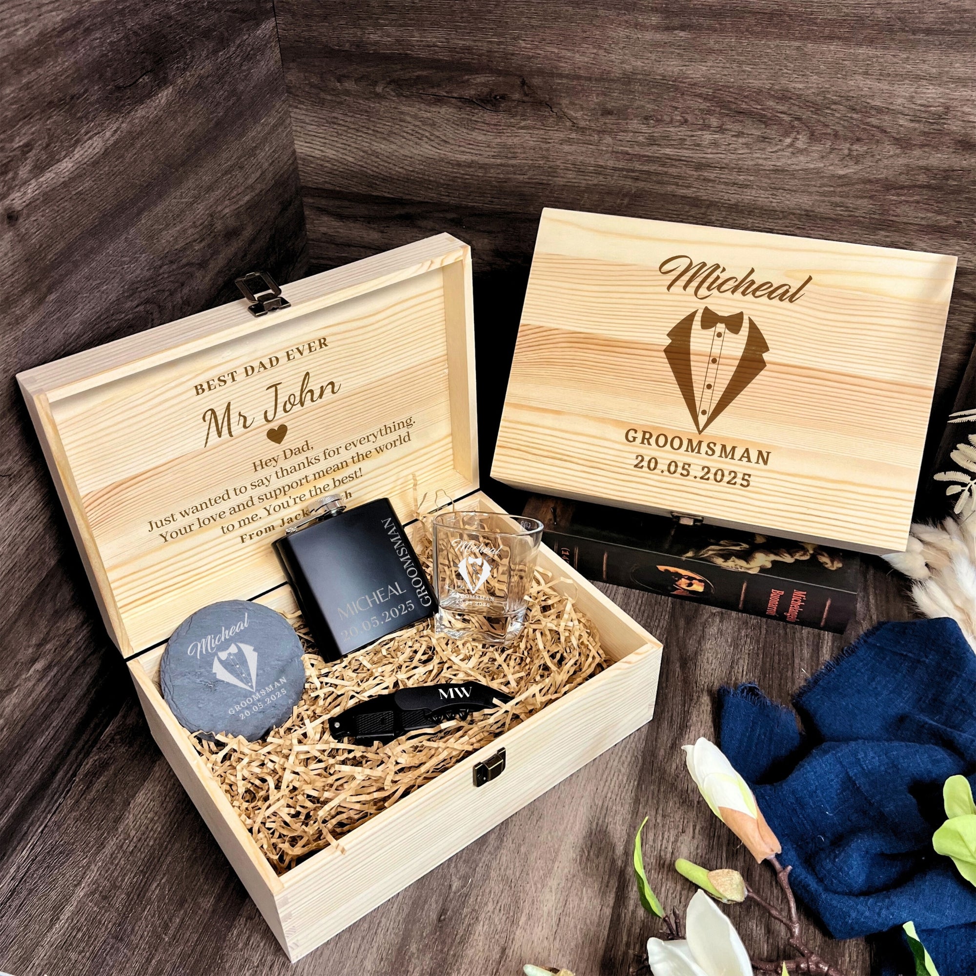 Personalised Whiskey Glass, Slate Coaster, Black Matte Hip Flask, Corkscrew Set in Custom Engraved Wooden Box, Father Groomsman Wedding Gift