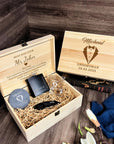 Personalised Whiskey Glass, Slate Coaster, Black Matte Hip Flask, Corkscrew Set in Custom Engraved Wooden Box, Father Groomsman Wedding Gift