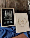 Personalised Wooden Whiskey Gift Box, Round Pattern Thick Base Glass, Ice Stones, Coaster, Custom Engraved Wedding Barware, Groomsman Gift