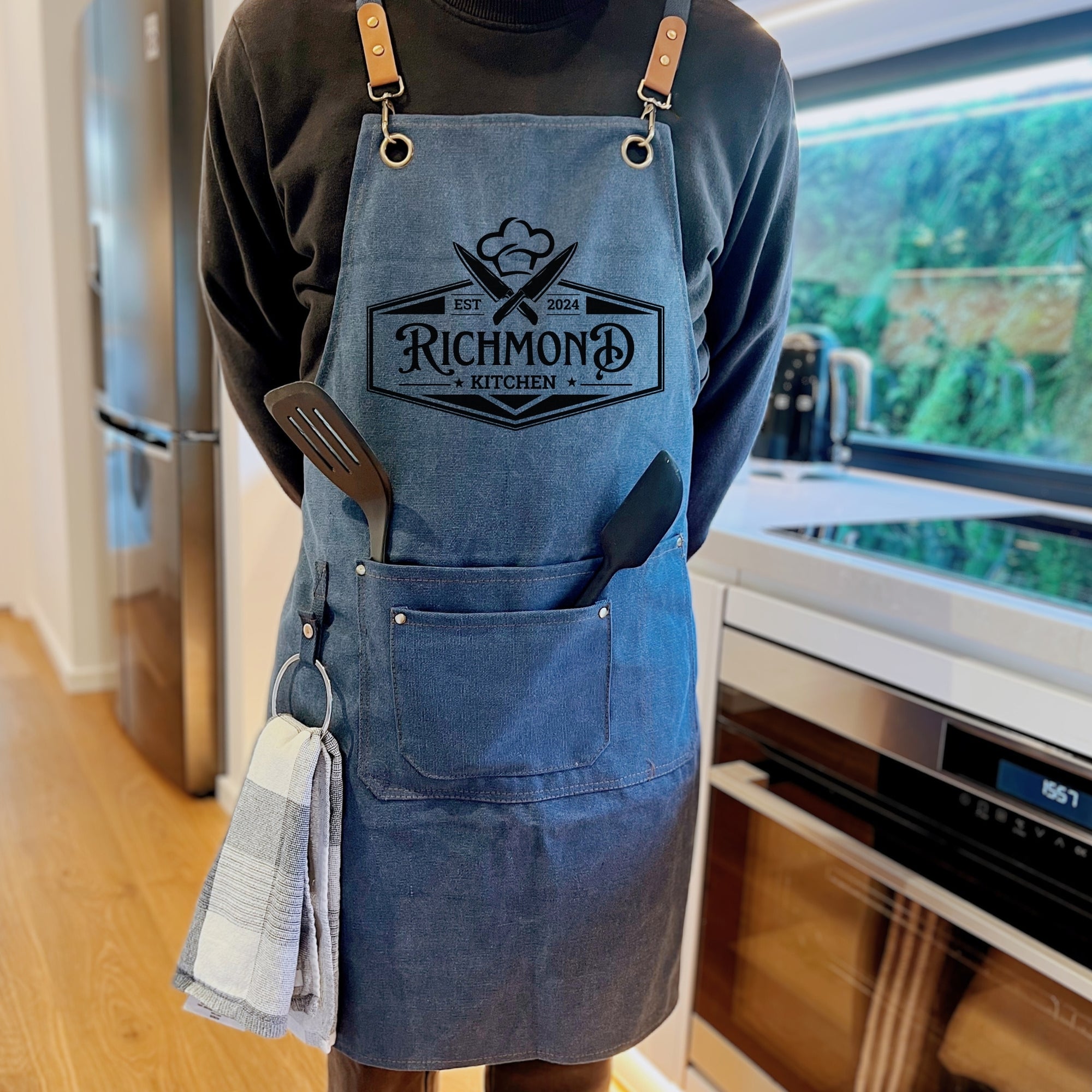 Personalised Crossover Canvas Workshop Pockets Apron, Customised Adjustable Straps Chef, BBQ, Handyman, Gardener, Farmer, Kitchen Waiter Bib