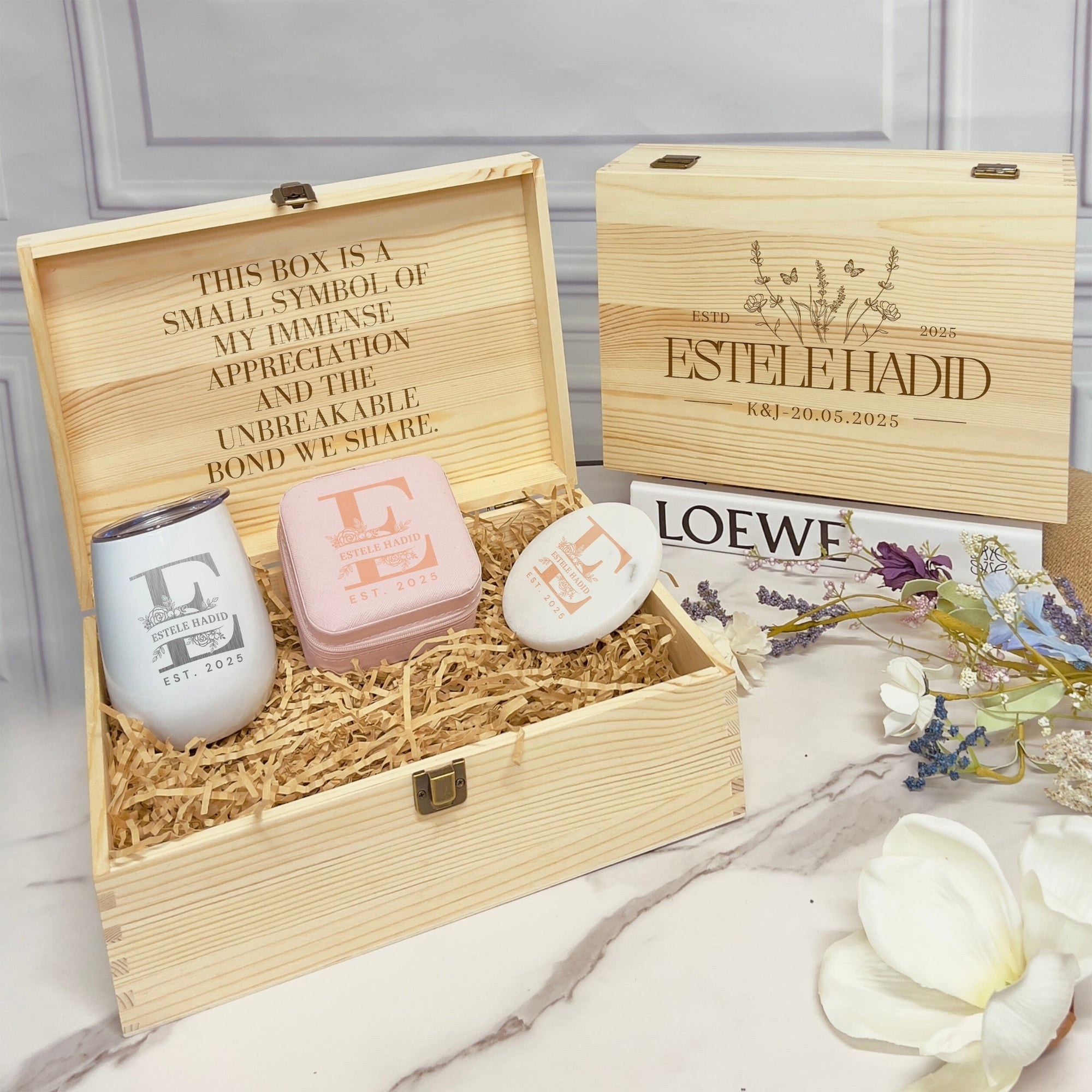 Personalised Marble Coaster, Tumbler & Jewellery Case Set in Custom Engraved Wooden Box, Mom Maid of Honour Bridesmaid Proposal Wedding Gift
