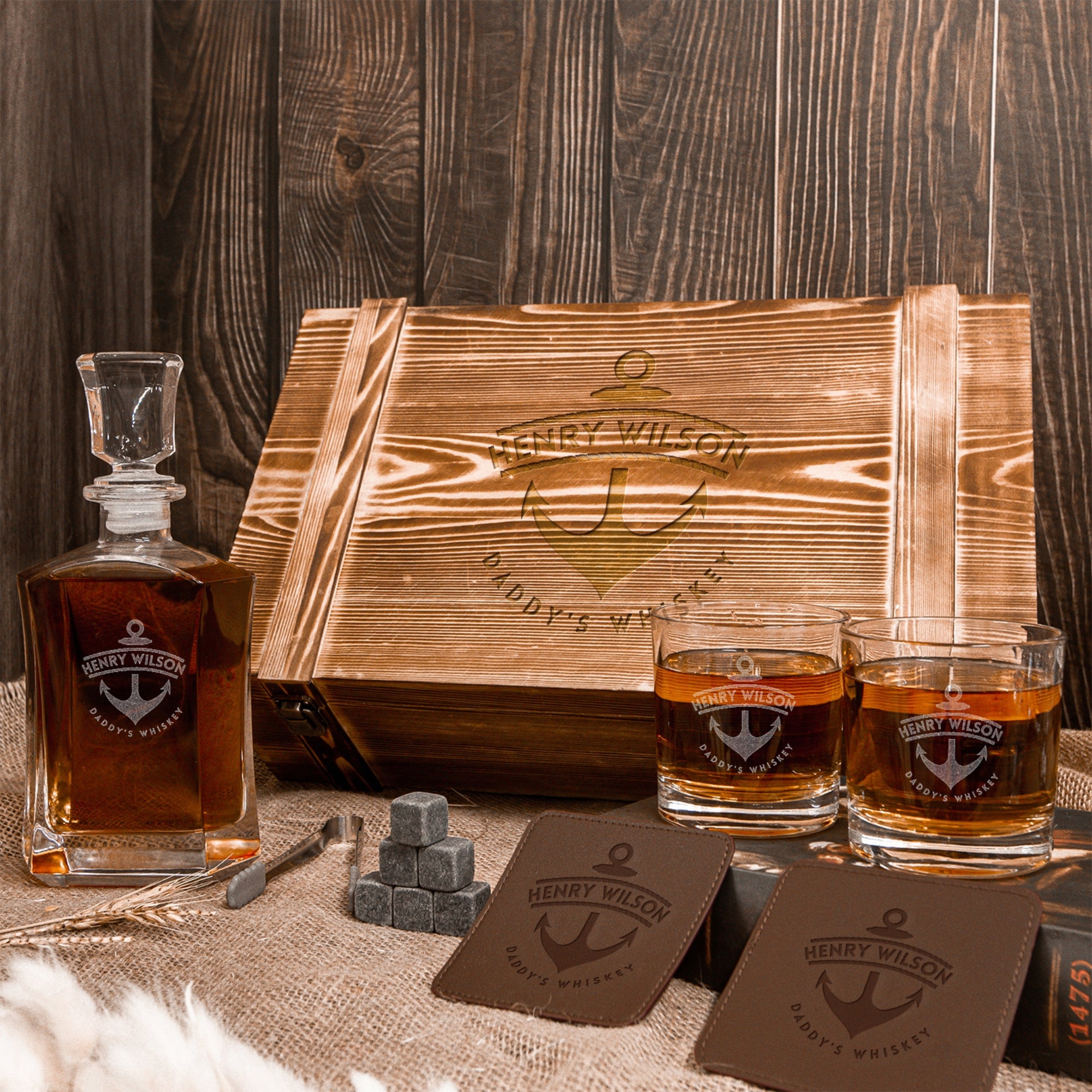 Personalised Army Wood Crate Whiskey Box, Whisky Decanter, 2 Glasses, 6 Ice Stones, 2 Coasters, Tongs, Etched Barware Groomsman Dad Gift Set