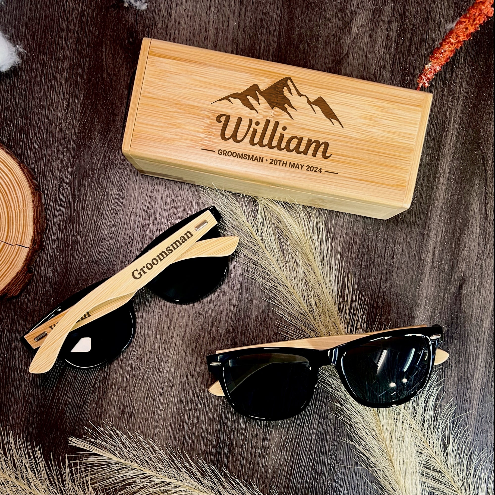 Personalised Unisex Wooden Polarised Sunglasses & Bamboo Box, Custom Engraved Logo Eyeware Glasses Case, Groomsman Dad Gift Wedding Favour
