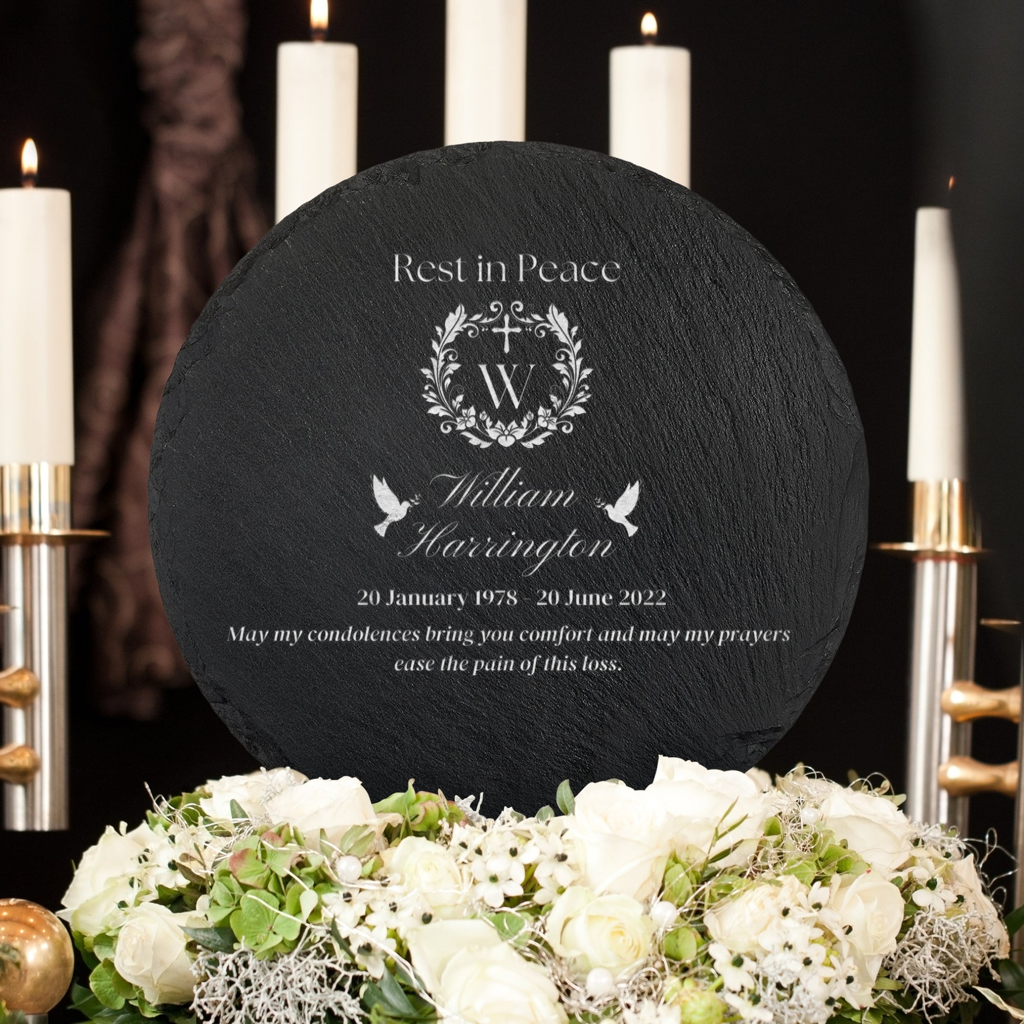 Personalised Memorial Round Slate Sign, Custom Engraved In Loving Memory Garden Stone, Funeral Cemetery Plaque, Loss of Loved One Pray Gift