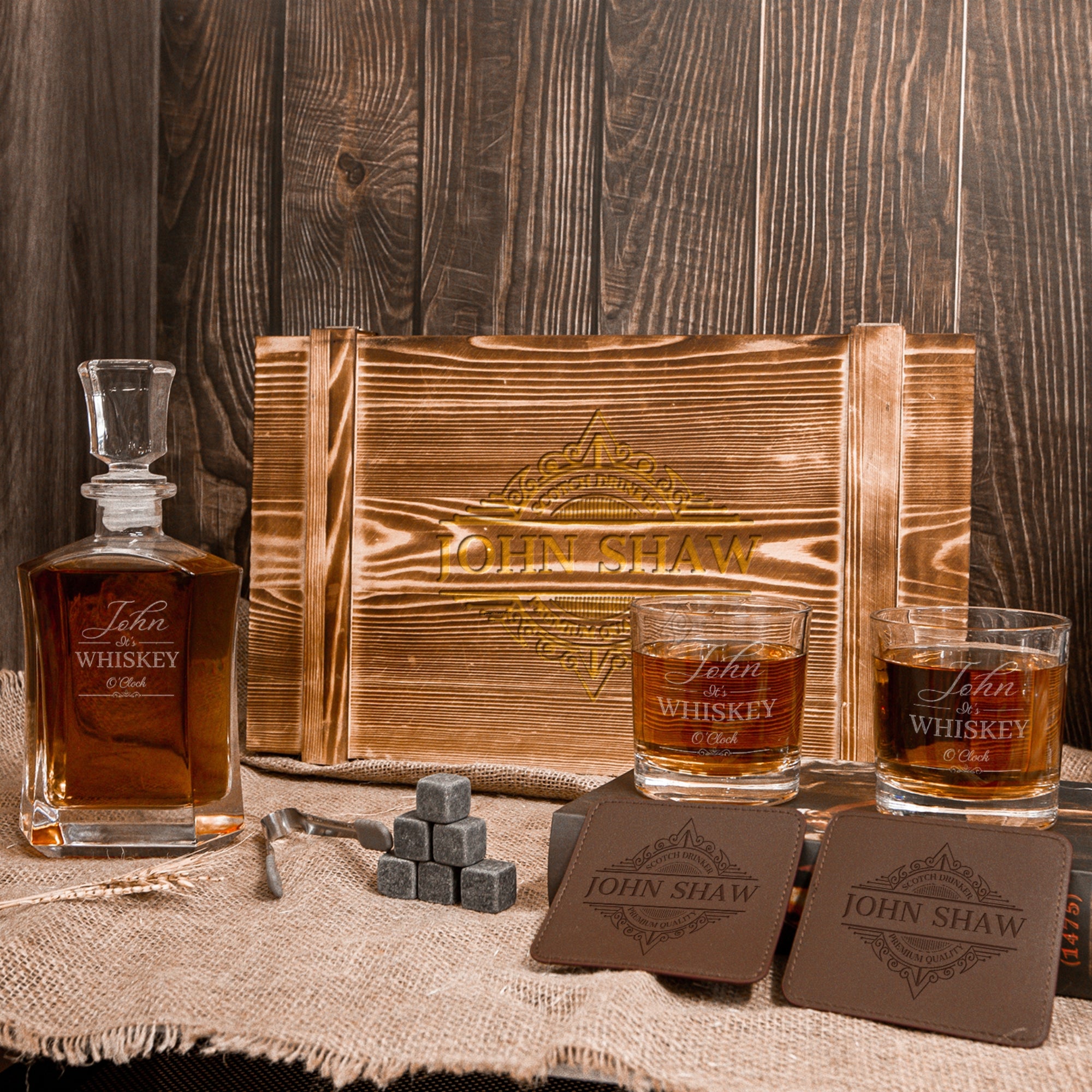 Personalised Army Wood Crate Whiskey Box, Whisky Decanter, 2 Glasses, 6 Ice Stones, 2 Coasters, Tongs, Etched Barware Groomsman Dad Gift Set