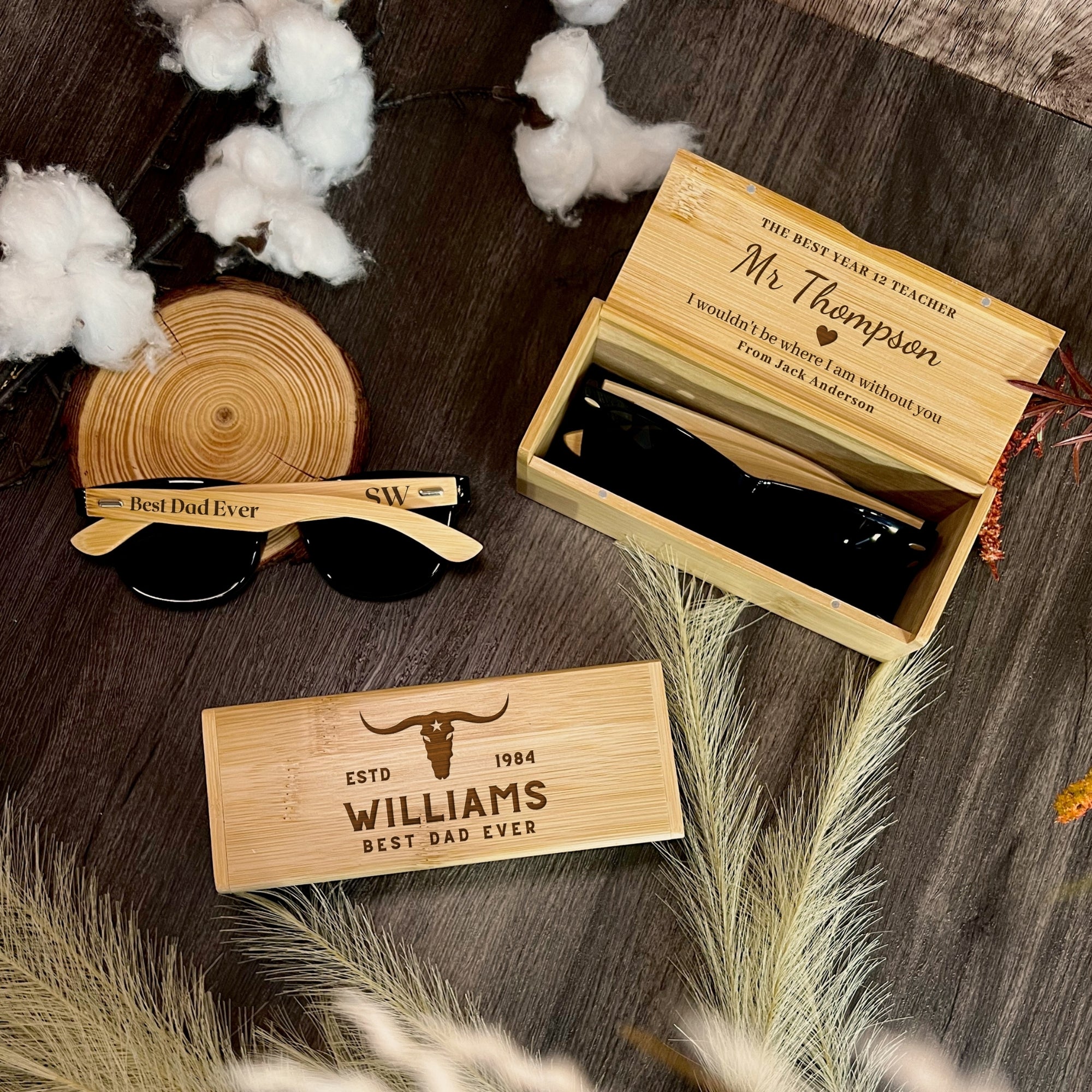 Personalised Unisex Wooden Polarised Sunglasses & Bamboo Box, Custom Engraved Logo Eyeware Glasses Case, Groomsman Dad Gift Wedding Favour