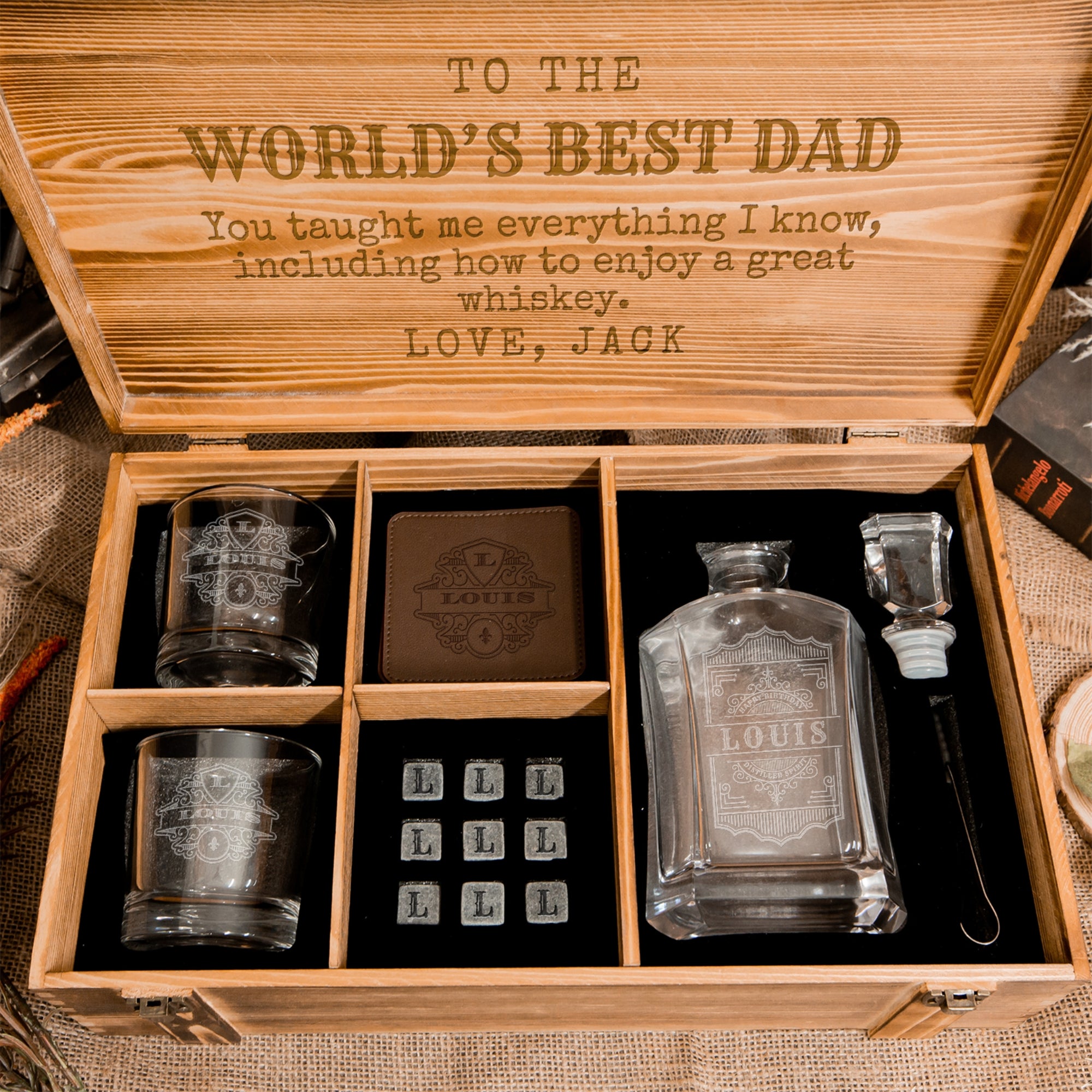 Personalised Army Wood Crate Whiskey Decanter & Glasses Box, Custom Engraved Barware Set, Groomsman Dad, Birthday, Wedding, Corporate Gift