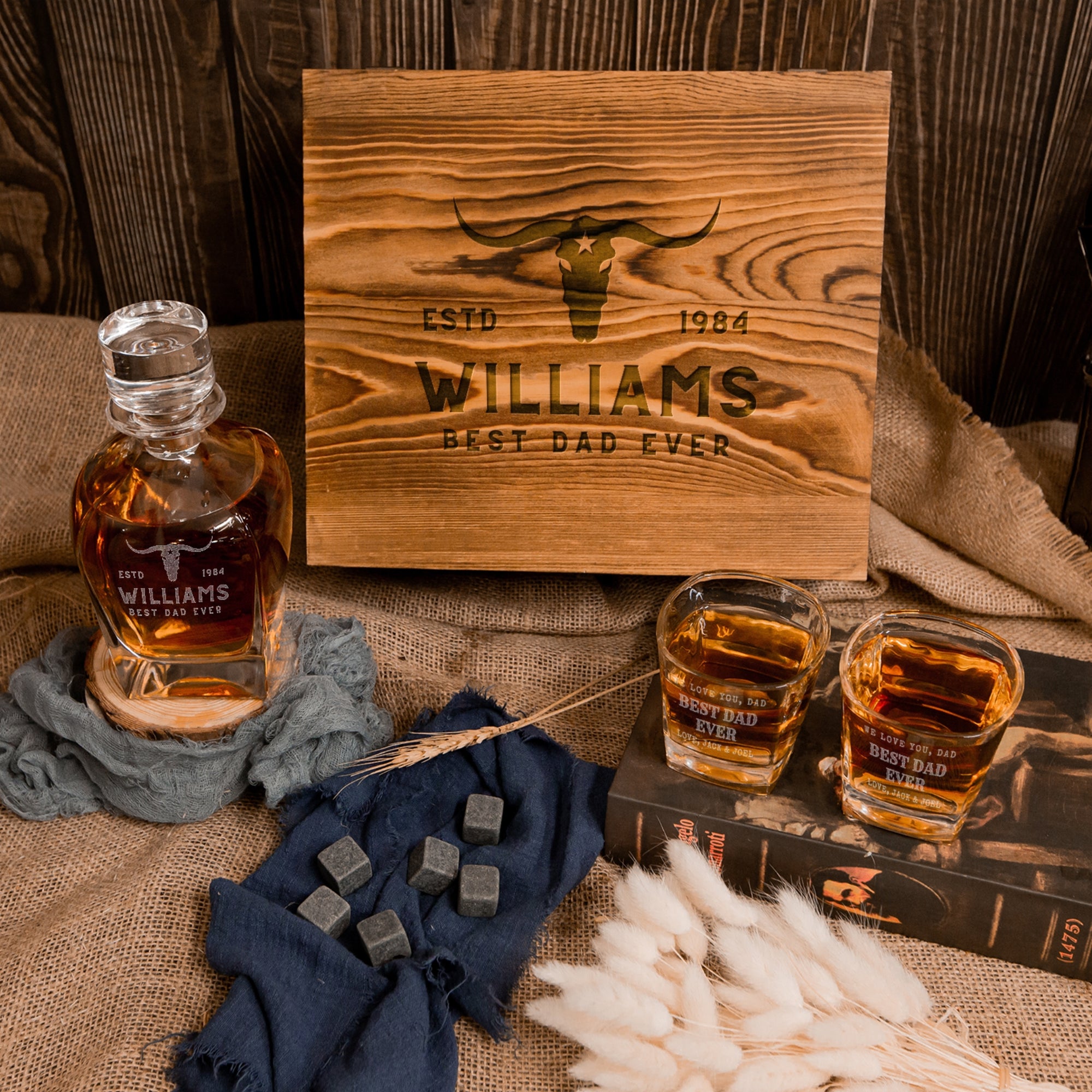 Engraved Whiskey Wooden Box - Curve Decanter, 2 Scotch Glasses &amp; 6 Ice Stones, Personalised Barware Set Groomsman, Bachelor Party, Xmas Gift