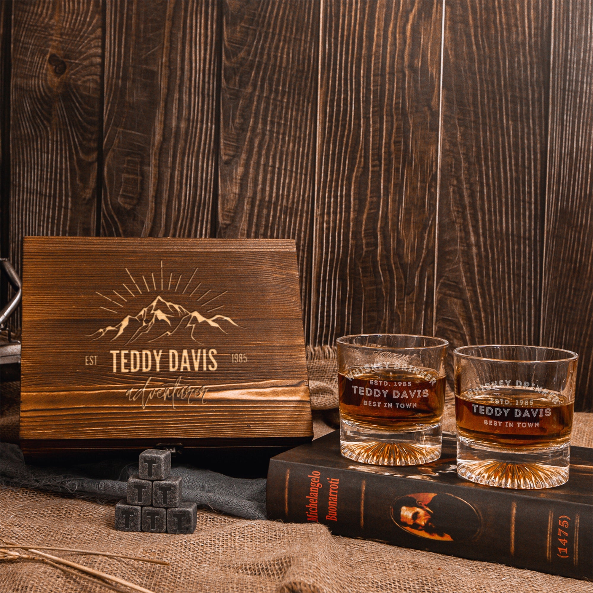 Custom Engraved Whiskey Wooden Box - 2 Round Star Scotch Glasses & 6 Rock Ice Stones, Personalised Barware Set, Birthday, Housewarming Gift
