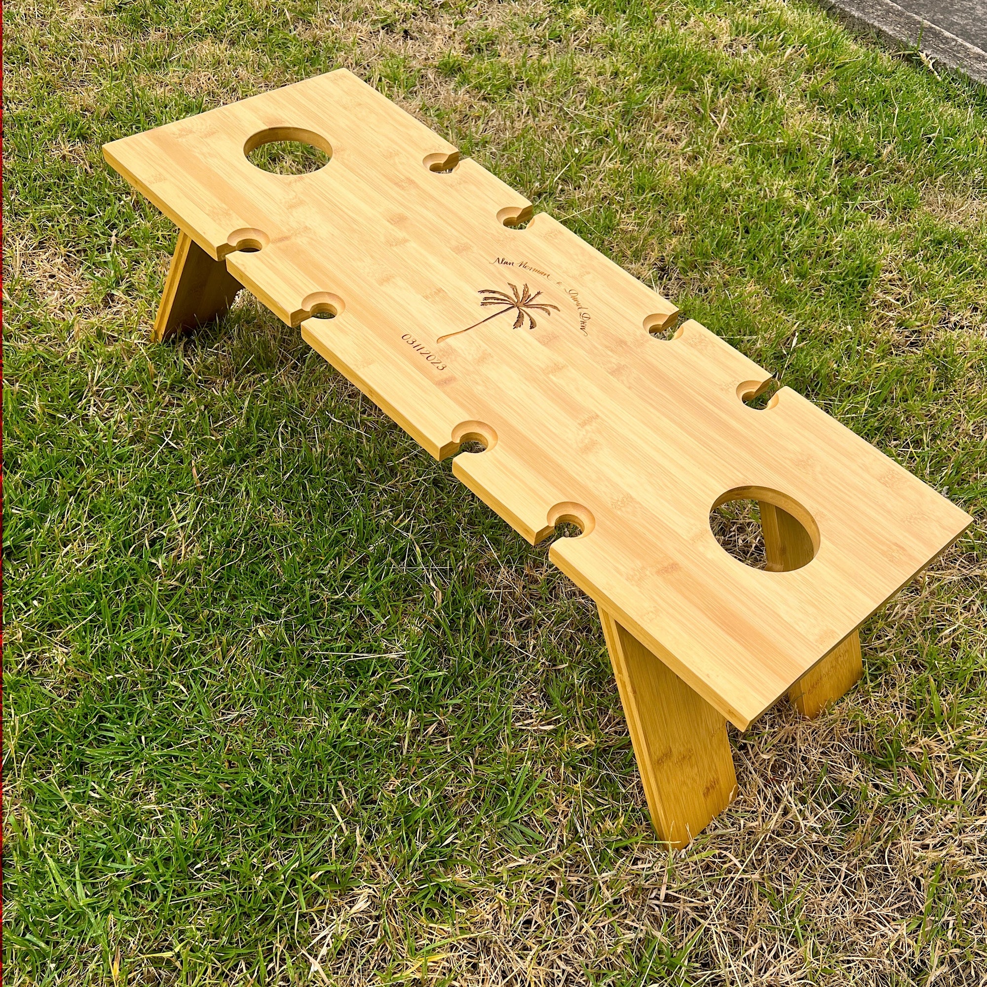 Personalised Portable Foldable Bamboo 8 People Picnic Table &amp; Wine Glasses, Custom Outdoor Picnic, Wedding, Anniversary, Housewarming Gift