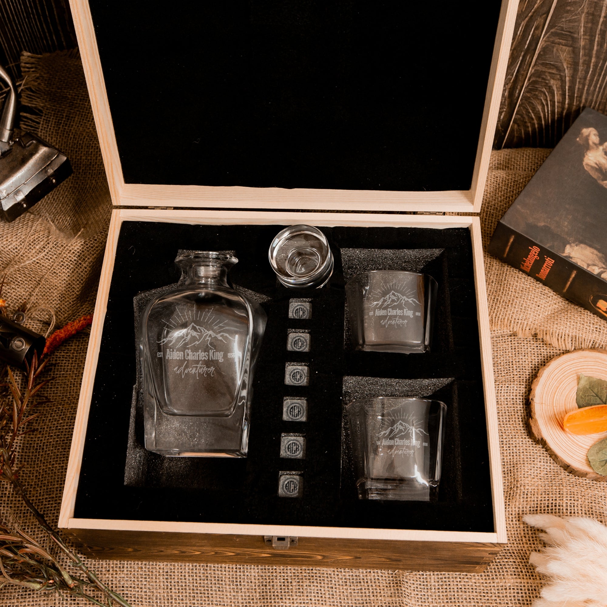 Engraved Whiskey Wooden Box - Curve Decanter, 2 Scotch Glasses & 6 Ice Stones, Personalised Barware Set Groomsman, Bachelor Party, Xmas Gift