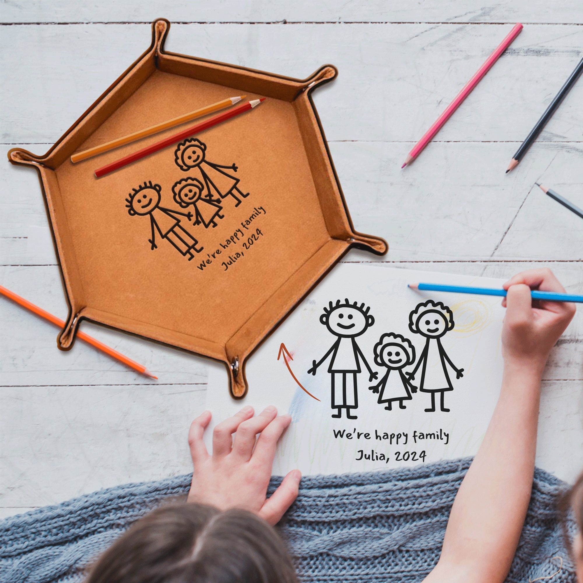 Personalised Your Kid Hand Drawing, Sketch Photo Hexagon Leather Catchall Tray, Custom Engraved Valet Storage, Desk Caddy Organiser Dad Gift
