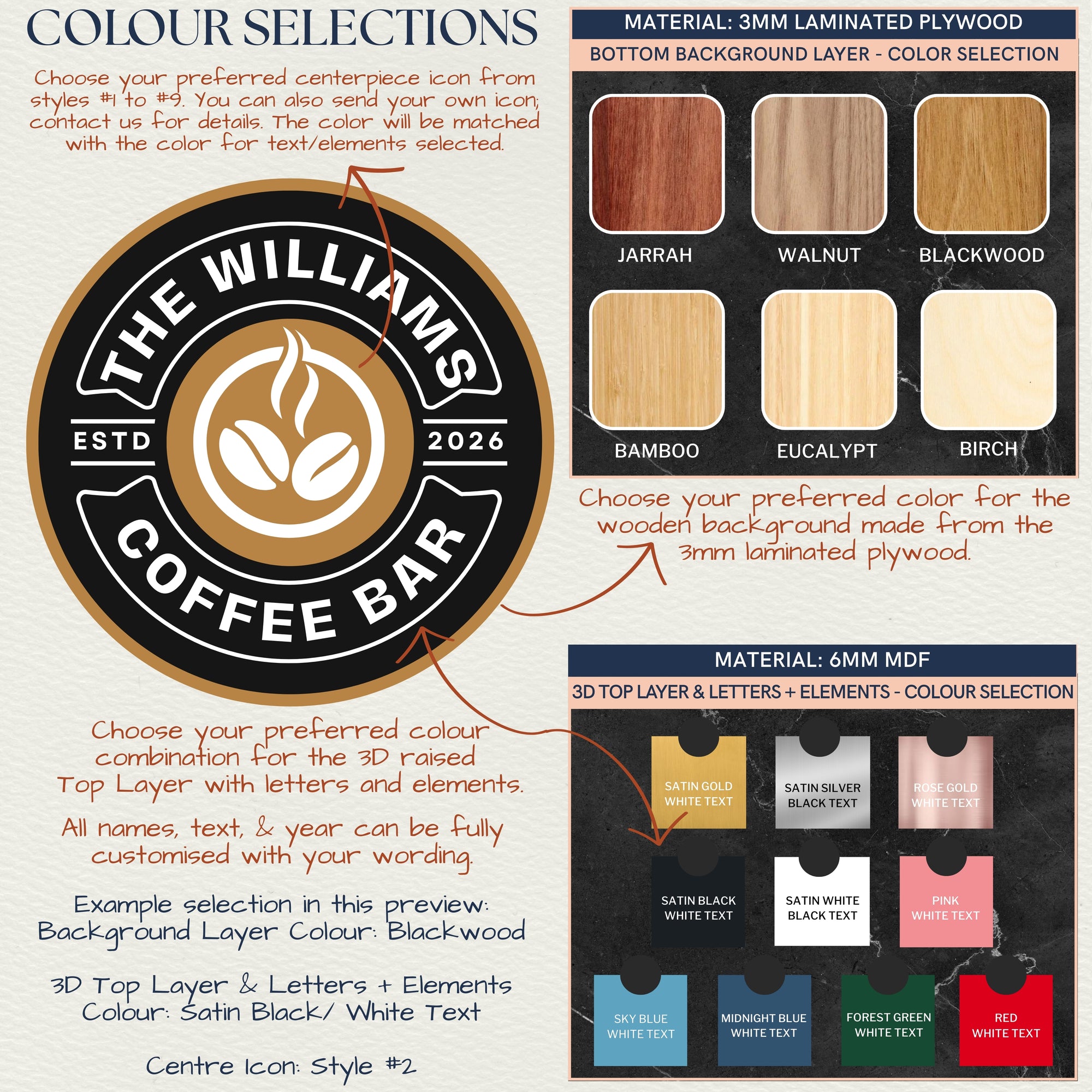 Color selection chart for The Williams Coffee Bar with logo and material options.