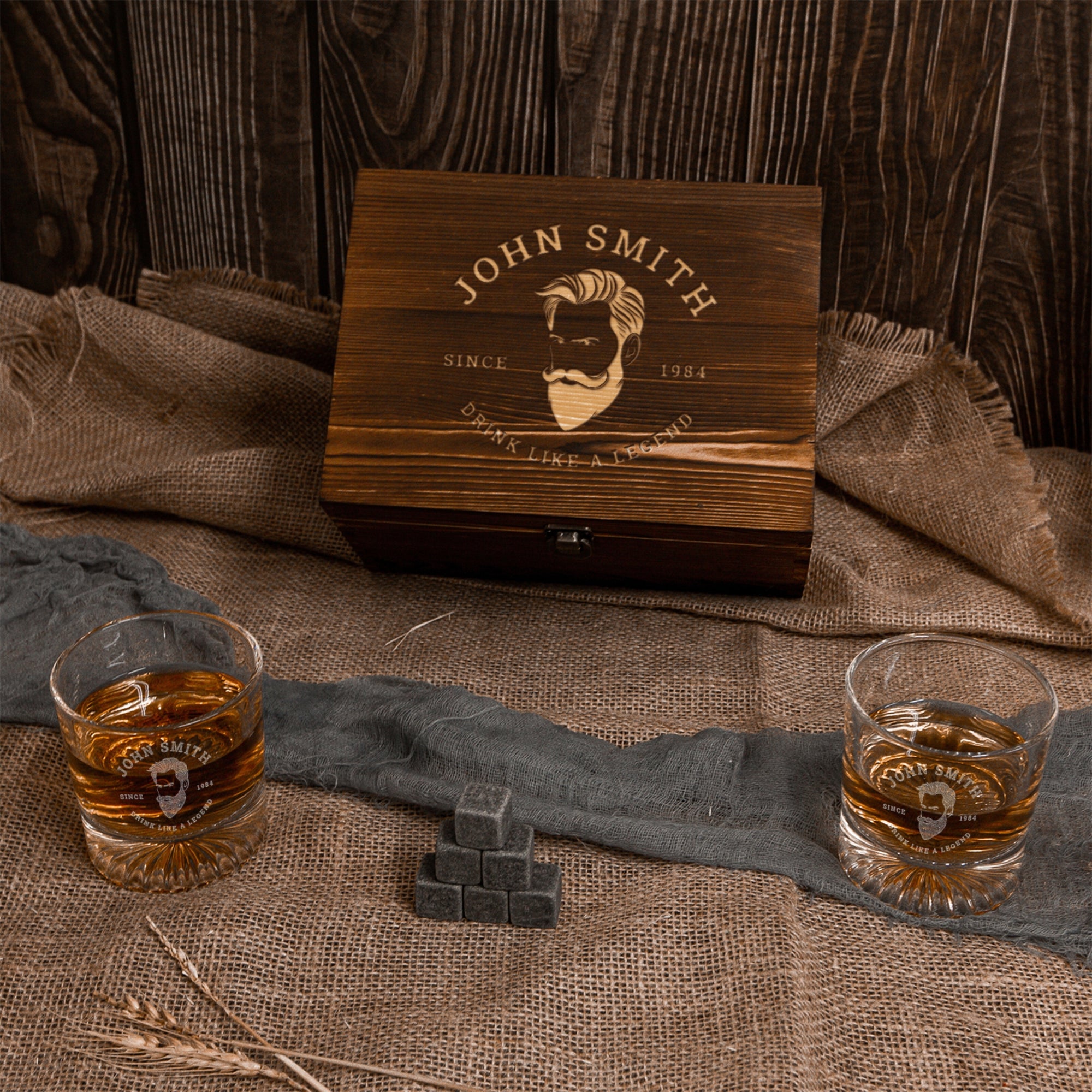 Custom Engraved Whiskey Wooden Box - 2 Round Star Scotch Glasses &amp; 6 Rock Ice Stones, Personalised Barware Set, Birthday, Housewarming Gift