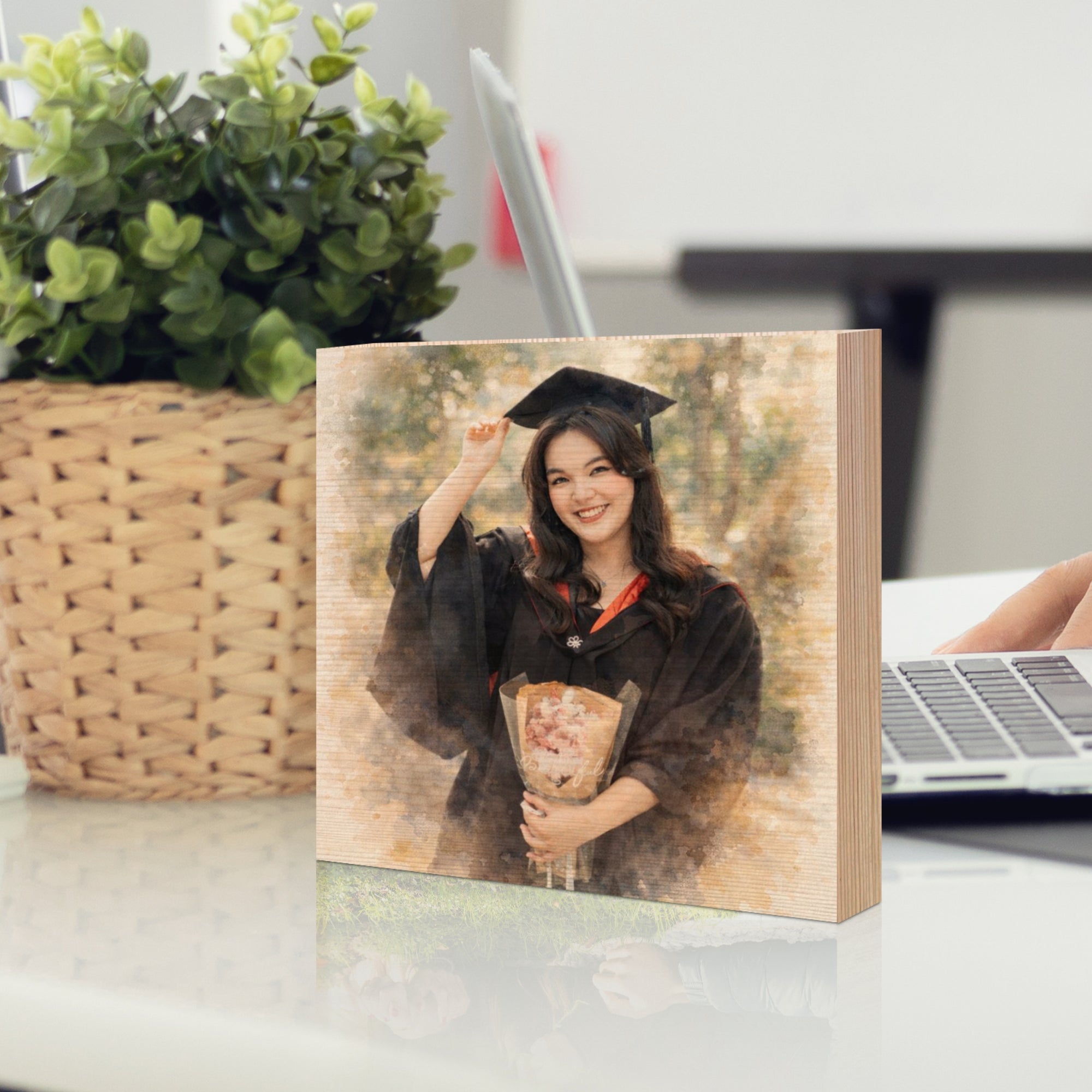Personalised Watercolour Portrait Photo on Square Wooden Display Block