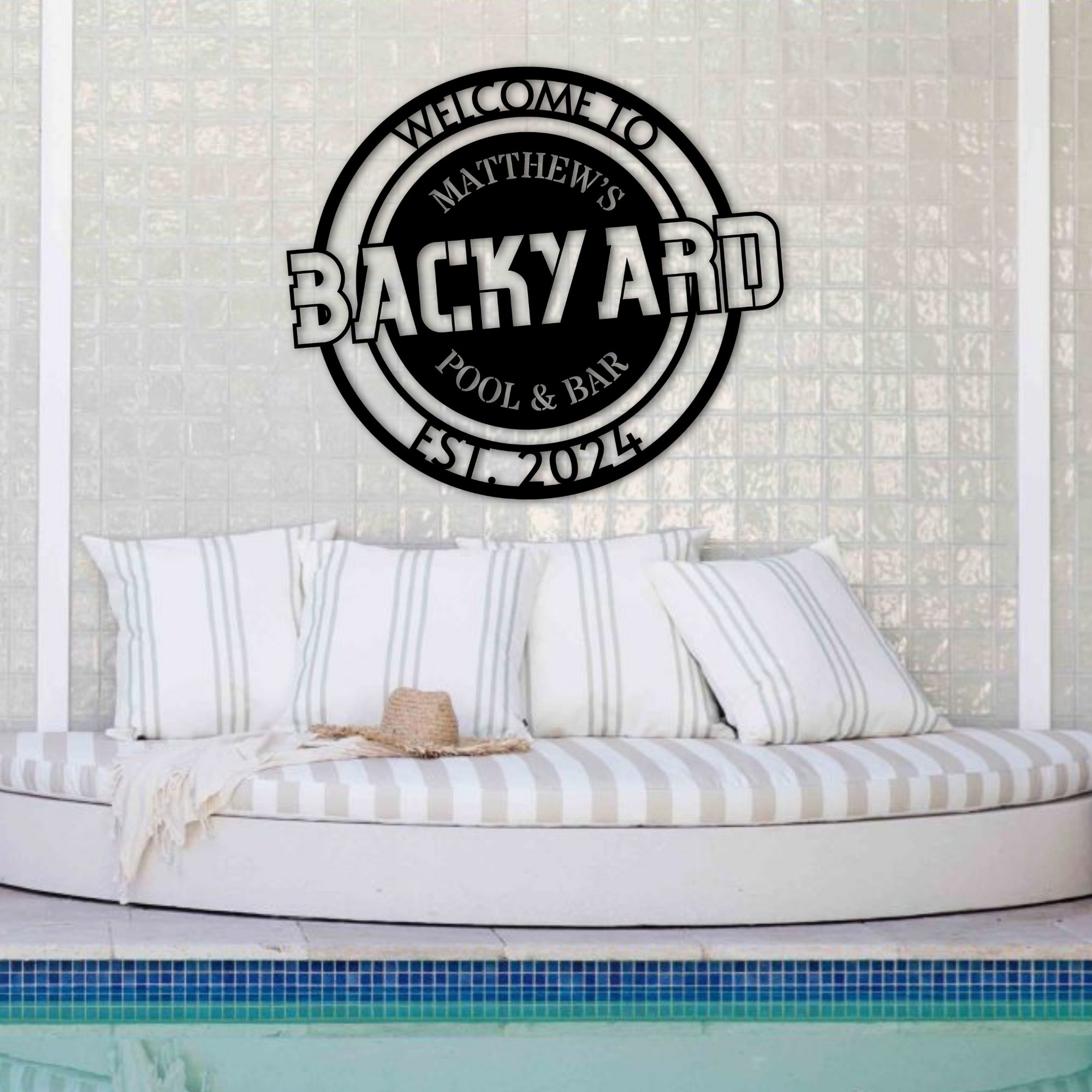 Custom Made Backyard/ Patio/ Deck Hoop Sign, Personalised Name Acrylic Pool Bar Signage, Oasis Retreat Poolside Wall Art, Housewarming Gift