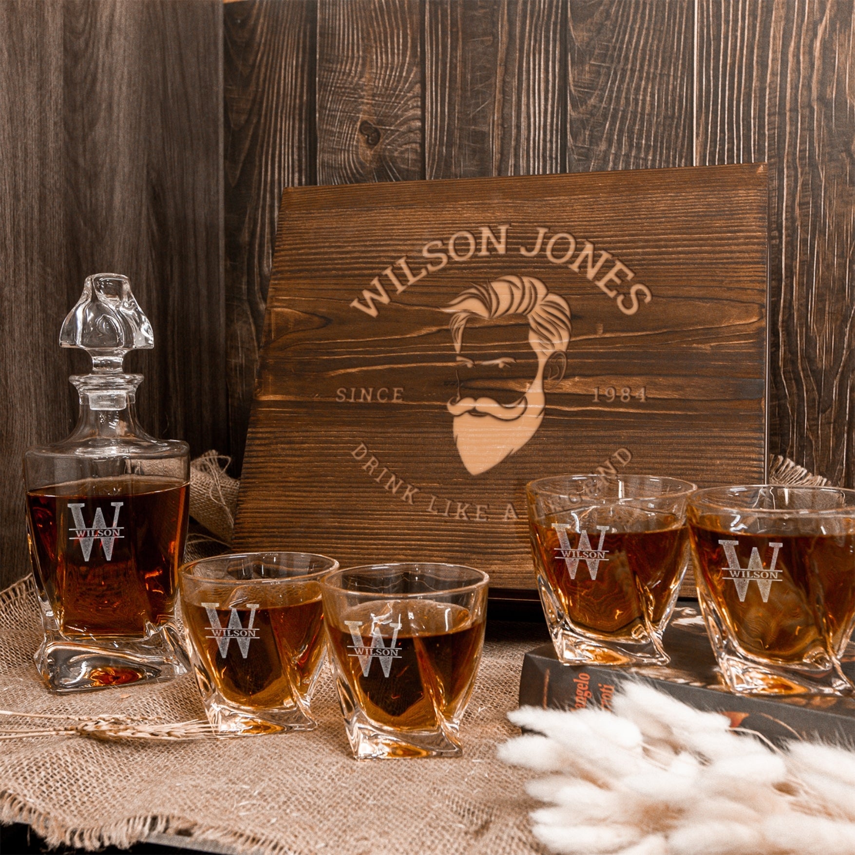 Custom Engraved Twisted Whiskey Decanter Set, 4  Scotch Glasses & Wooden Box, Personalised Logo Barware Dad, Groomsmen Birthday Wedding Gift
