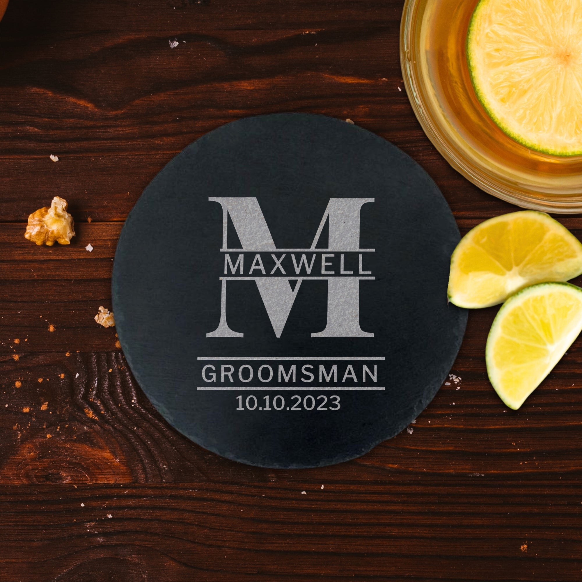 Personalised Whiskey Glass, Slate Coaster, Black Matte Hip Flask, Corkscrew Set in Custom Engraved Wooden Box, Father Groomsman Wedding Gift