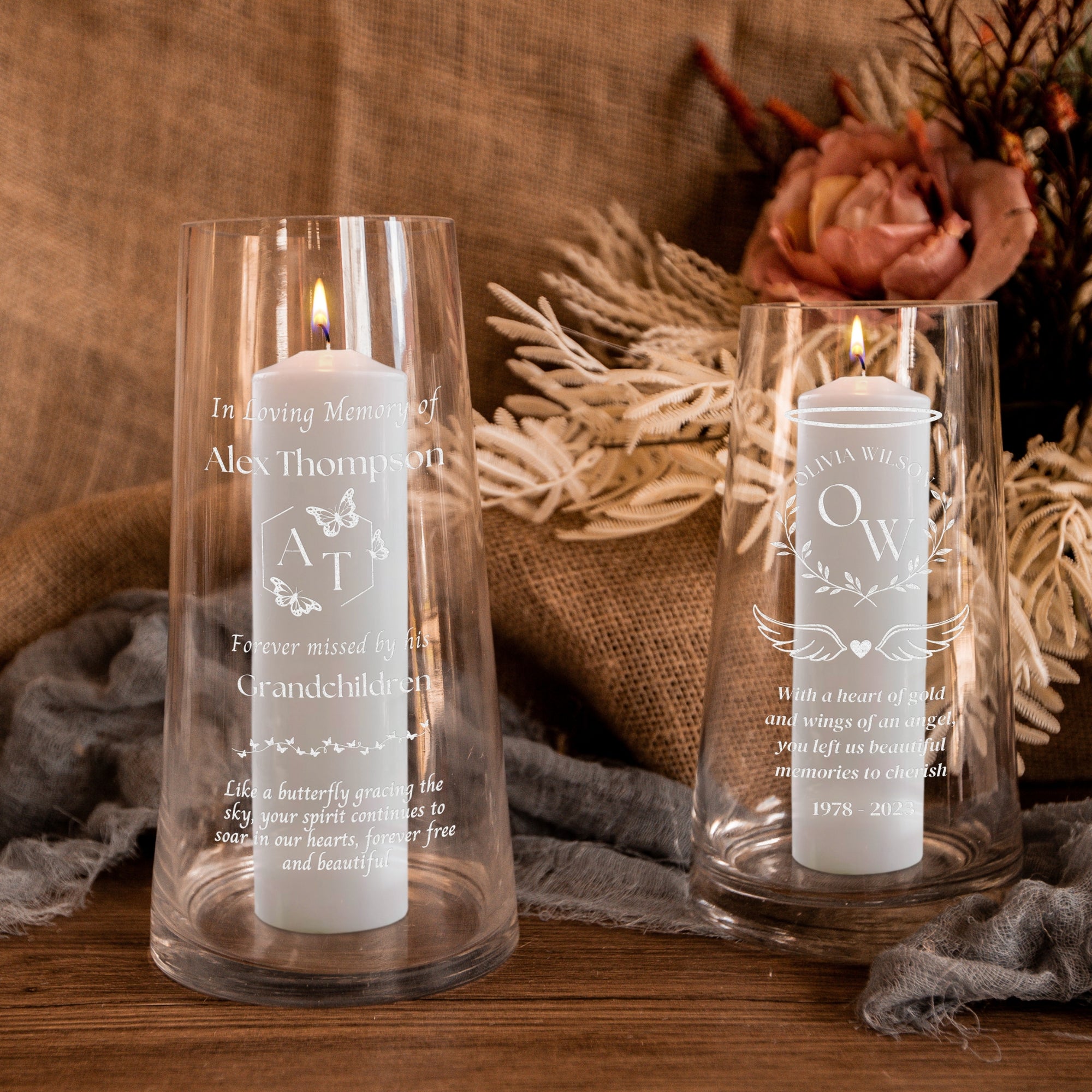 Personalised Memorial Tapered Glass Vase Candle Holder Custom Engraved In Loving Memory Funeral Celebration of Life Prayer Loss Wedding Gift