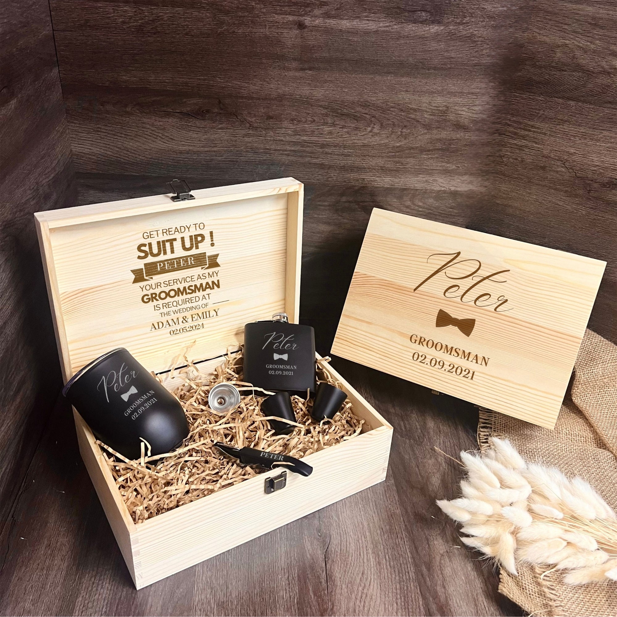 Personalised Black Matte Insulated Tumbler, Corkscrew, Hip Flask Set in Custom Engraved Wooden Box, Father, Groomsman Proposal Wedding Gift