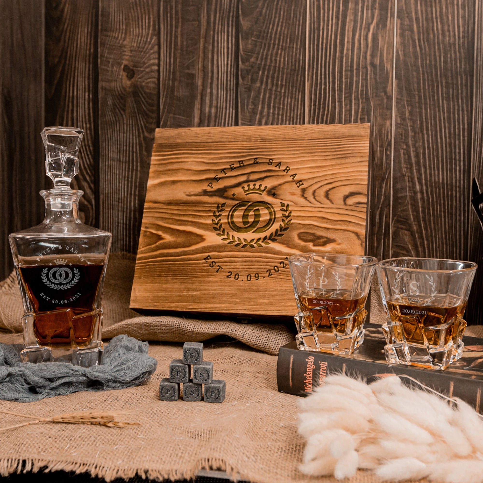 Engraved Whiskey Wooden Box - Square Cut Decanter, 2 Scotch Glasses & 6 Ice Stone Personalised Logo Barware Set, Groomsman Dad Birthday Gift