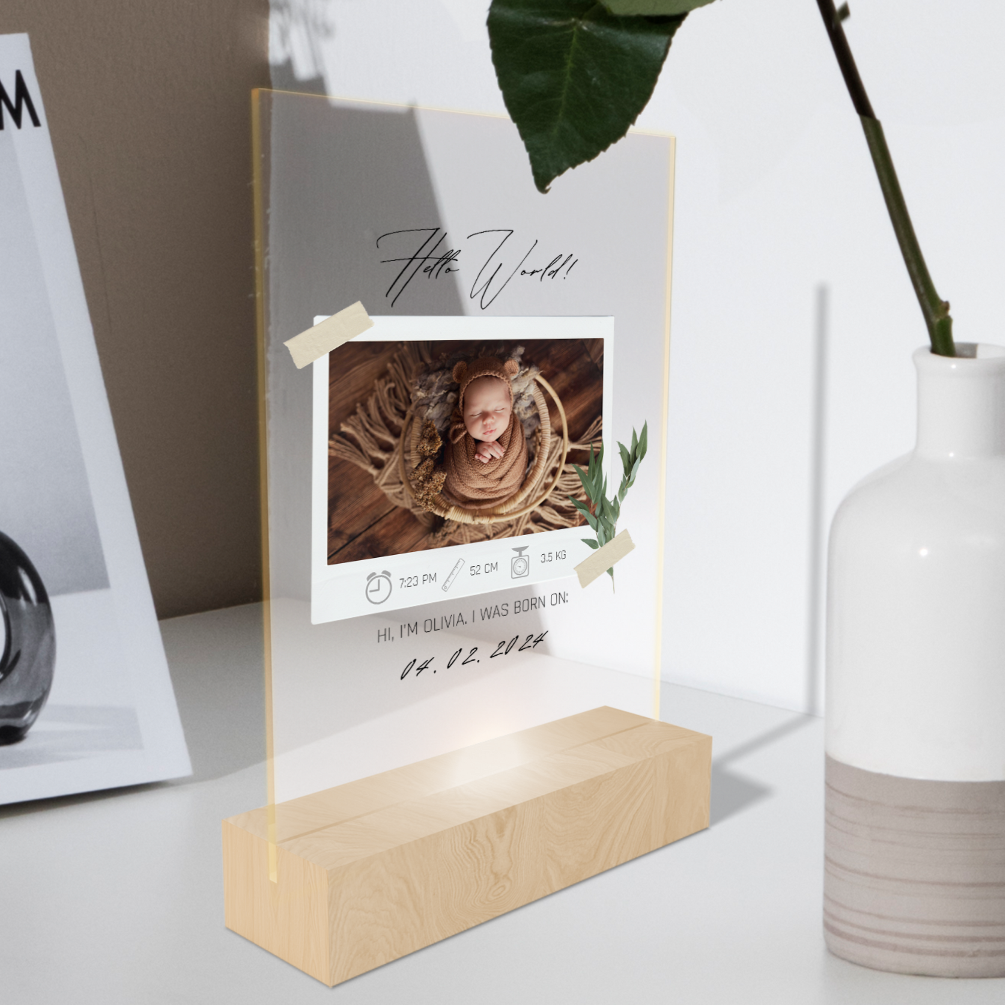 Custom 3D New Born Baby Photo & Name LED Sign, Personalised Print Acrylic Hello World Night Light Table Lamp Nursery Decor 1st Birthday Gift