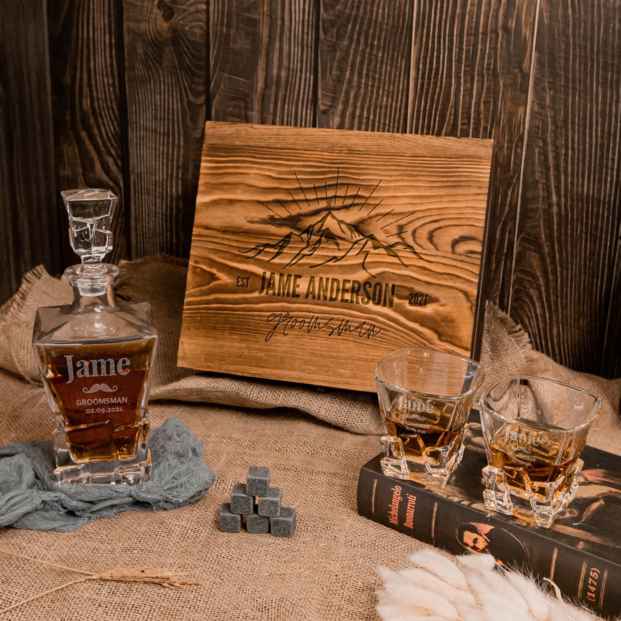 Engraved Whiskey Wooden Box - Square Cut Decanter, 2 Scotch Glasses &amp; 6 Ice Stone Personalised Logo Barware Set, Groomsman Dad Birthday Gift