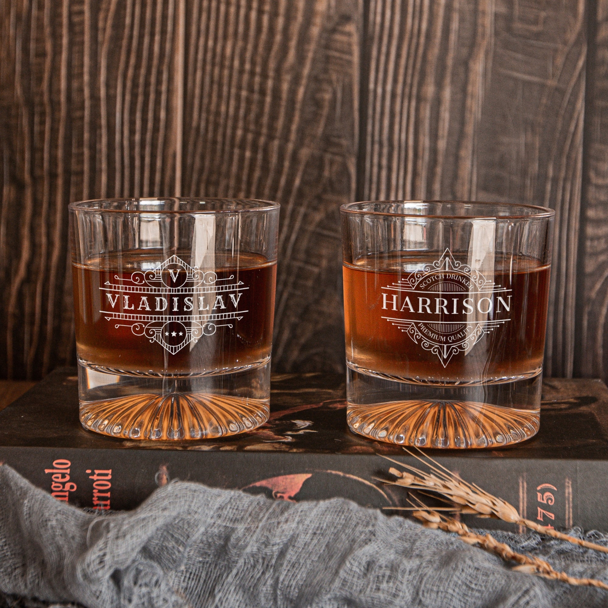 Custom Engraved Whiskey Wooden Box - 2 Round Star Scotch Glasses &amp; 6 Rock Ice Stones, Personalised Barware Set, Birthday, Housewarming Gift