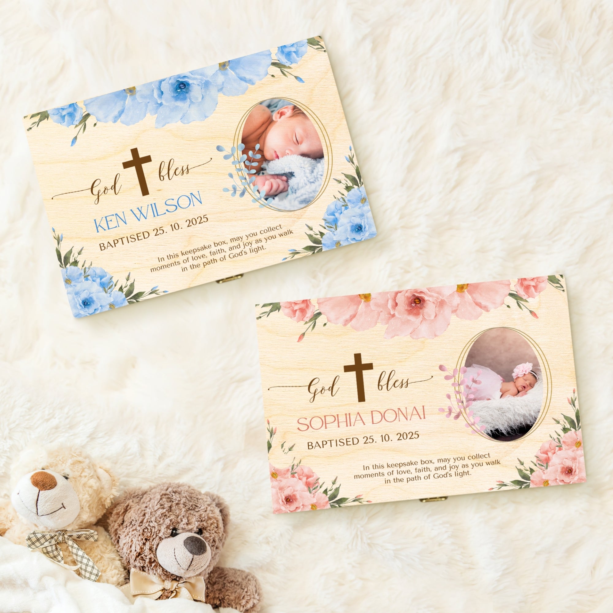 Personalised God Bless Baby Photo Wooden Keepsake Box, Custom Floral Memory Boxes Pine Treasure Storage Baptism Christen First Birthday Gift