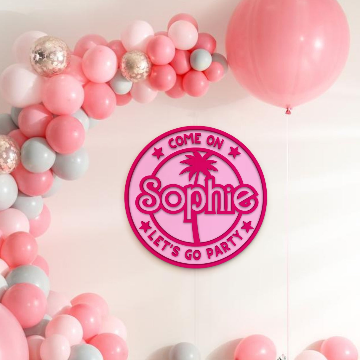 Custom Acrylic 3D Double Layer Barbie Name Round Sign & Palm Tree, Personalised Mirror Kid Nursery Wall Decor, Wedding, Birthday, Bridal Shower Circle Plaque Signage