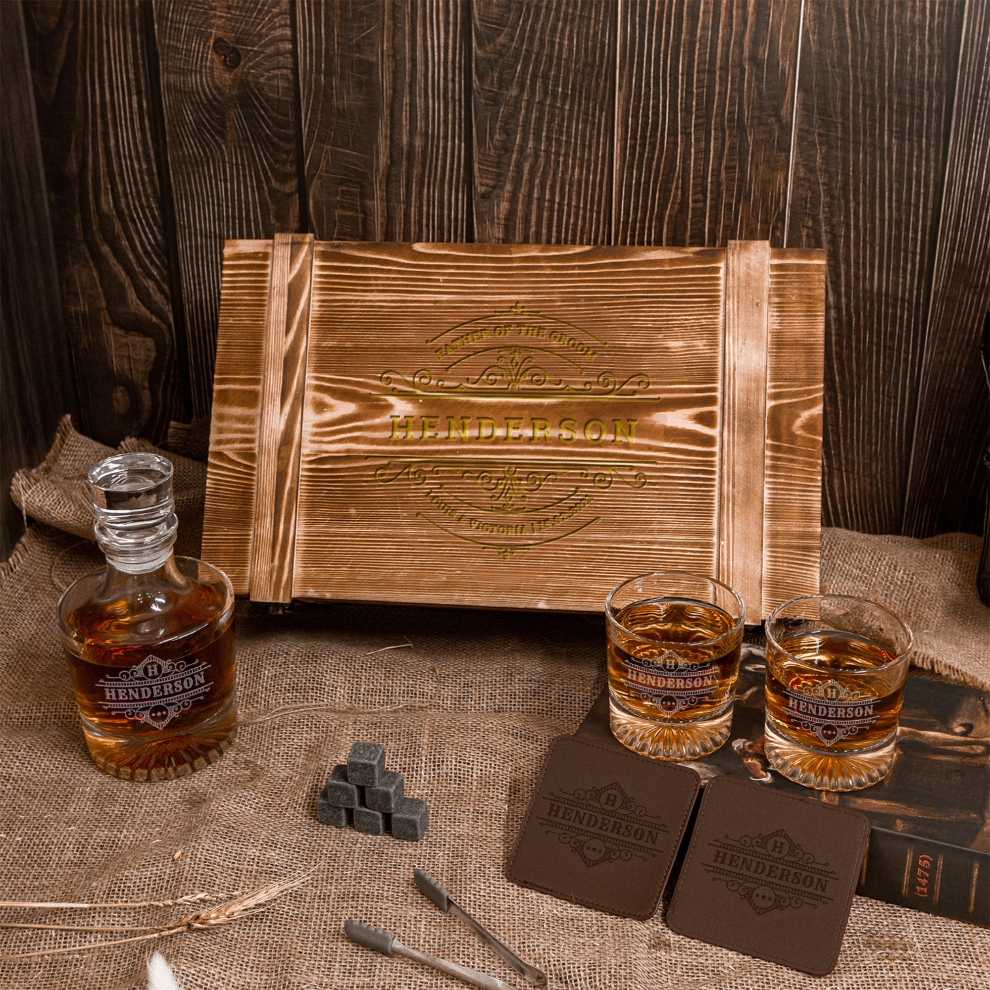 Personalised Army Wood Crate Whiskey Box, Whisky Decanter, 2 Glasses, 6 Ice Stones, 2 Coasters, Tongs, Etched Barware Groomsman Dad Gift Set