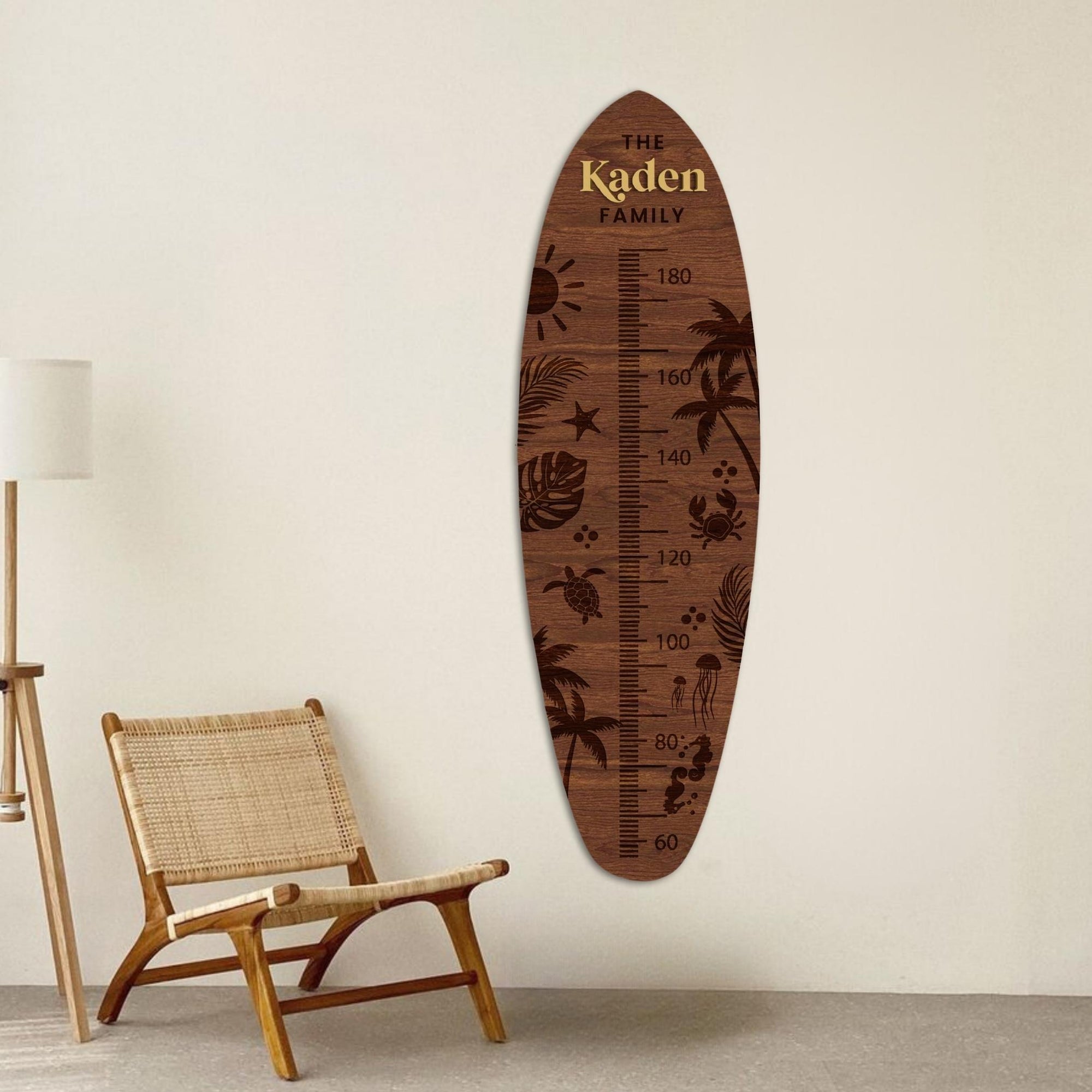 Custom 3D Raised Name Wooden Surfboard Height Chart, Personalised Laser Cut & Engraved Family Growth Metric Ruler Record, Nursery Wall Decor