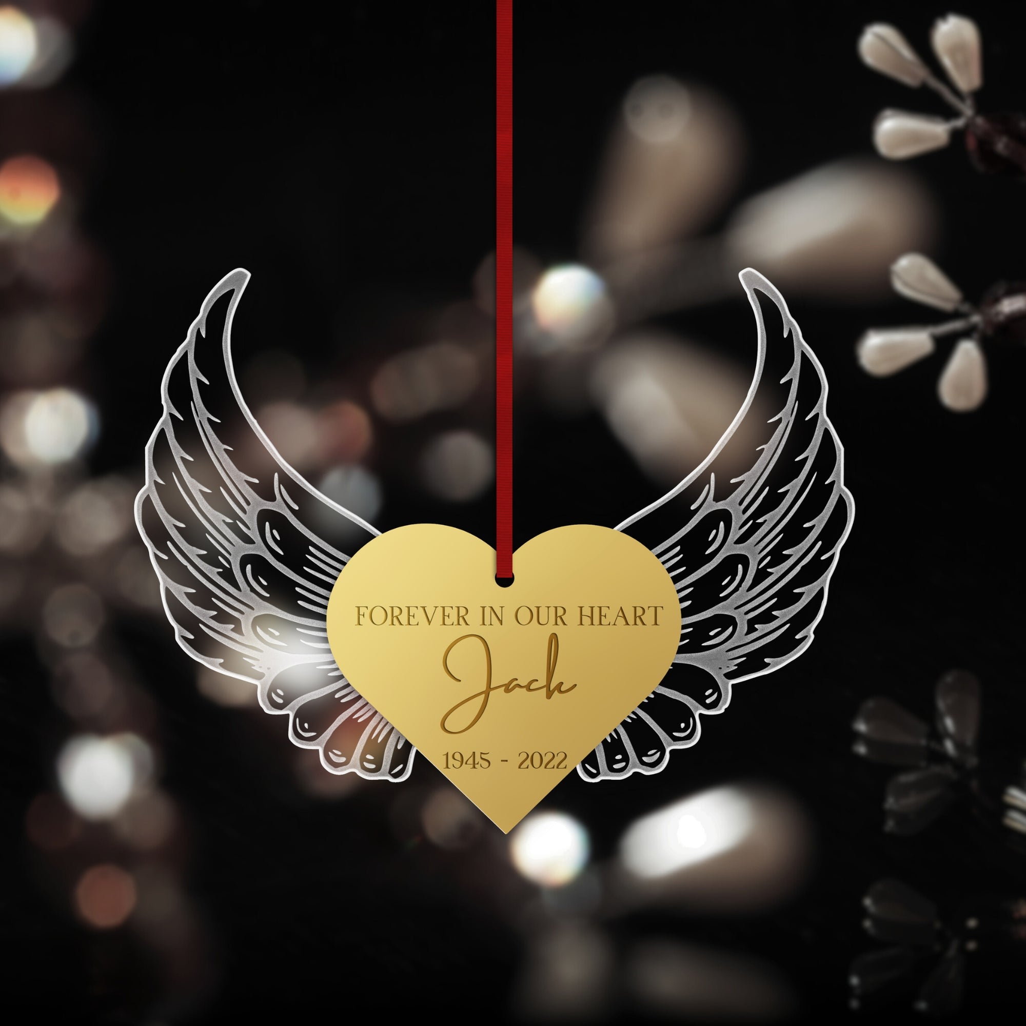 Personalised Angel Wings Christmas Tree Ornament, Heaven Engraved Custom Name, Forever In Our Heart, In Loving Memory Gift Tag, Bauble Decor