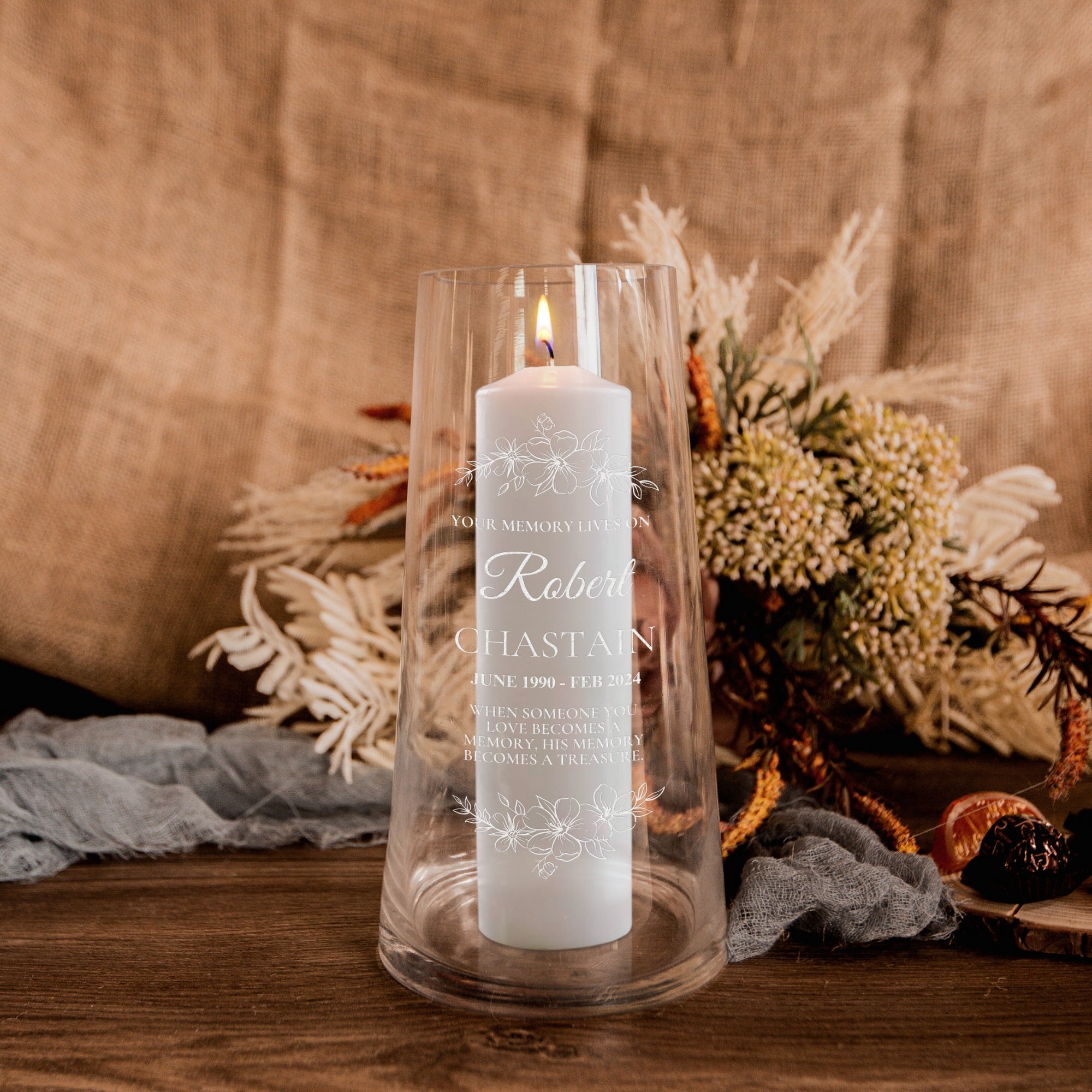 Personalised Memorial Tapered Glass Vase Candle Holder Custom Engraved In Loving Memory Funeral Celebration of Life Prayer Loss Wedding Gift