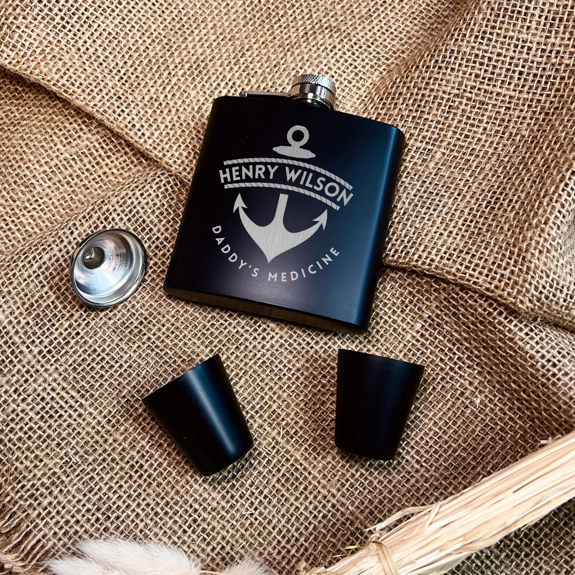 Personalised Black Matte Insulated Tumbler, Corkscrew, Hip Flask Set in Custom Engraved Wooden Box, Father, Groomsman Proposal Wedding Gift