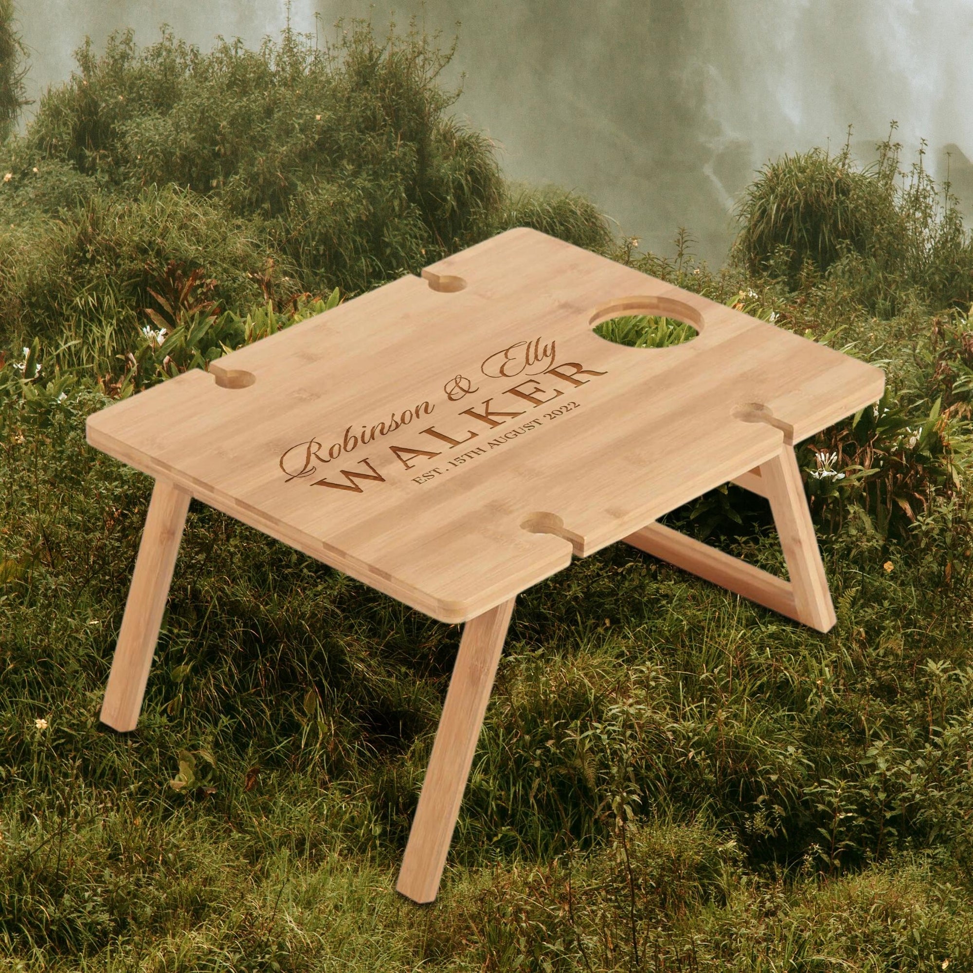 Personalised Portable Foldable Bamboo Travel 4 People Picnic Table & Wine Glasses, Custom Corporate, Wedding, Anniversary, Housewarming Gift
