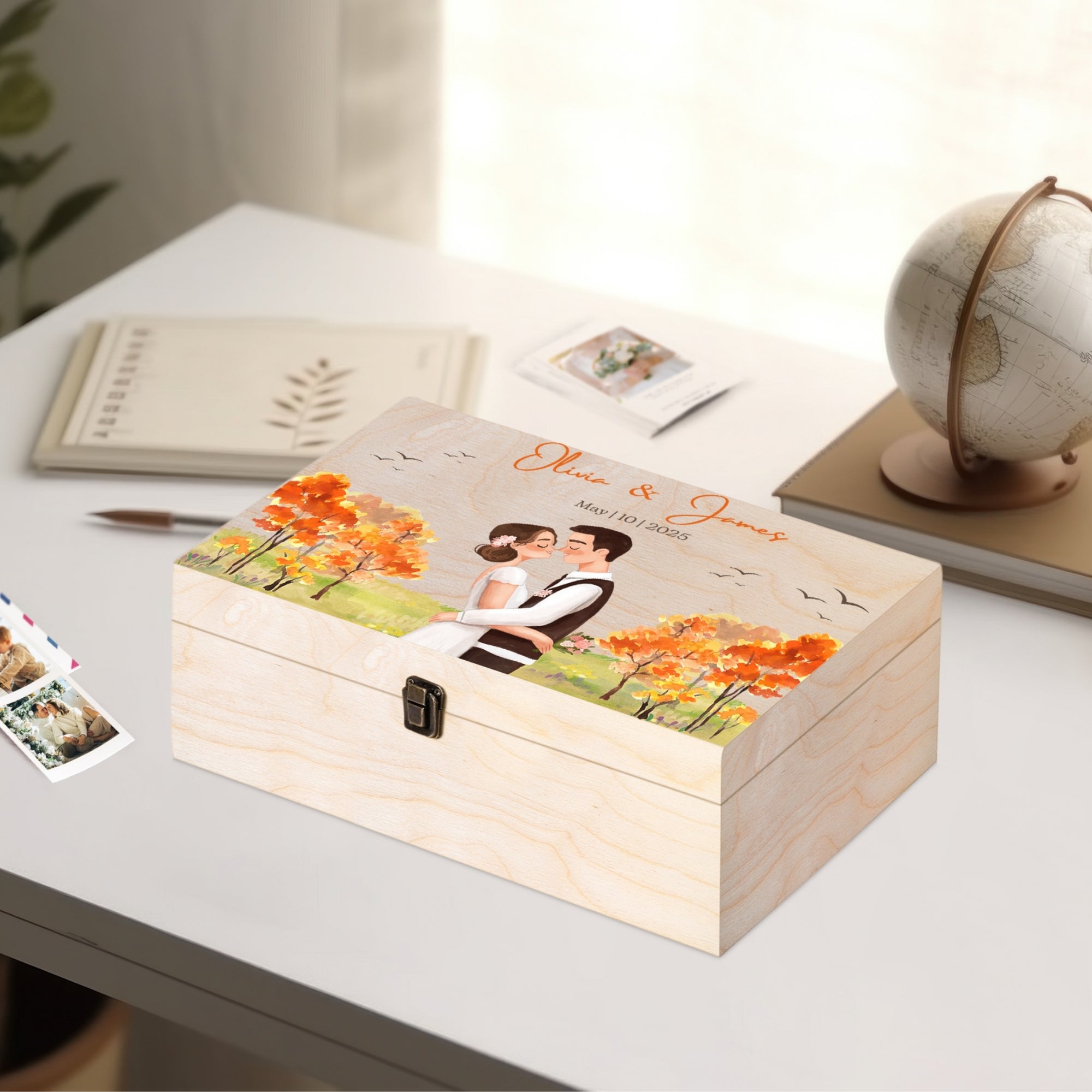 Personalised Watercolour Painting Couple Wedding Wooden Keepsake Box, Custom UV Printed Memory Engagement Treasure Storage, Anniversary Gift