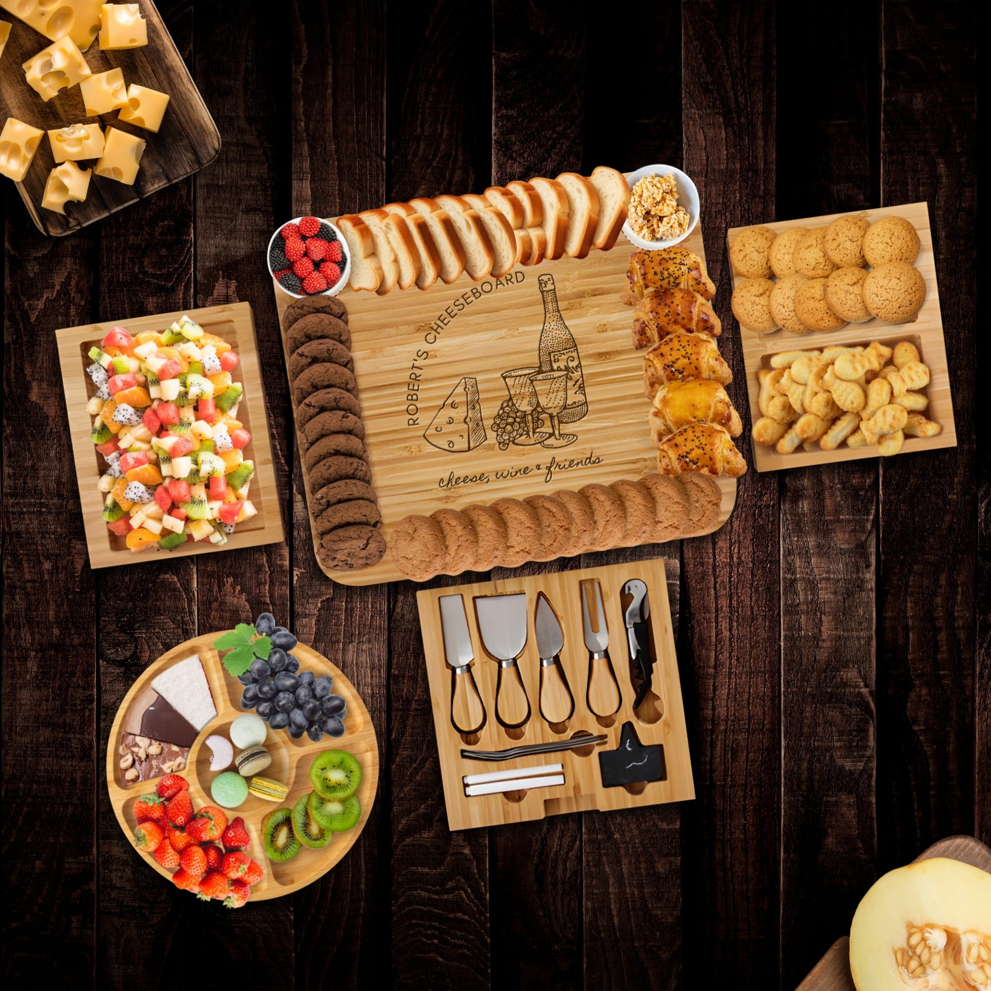 Personalised Bamboo Pull Out 3 Drawer Cheese Board & Knife Tools Set with Fruit Tray, Engraved Wooden Charcuterie Platter, Anniversary Gift